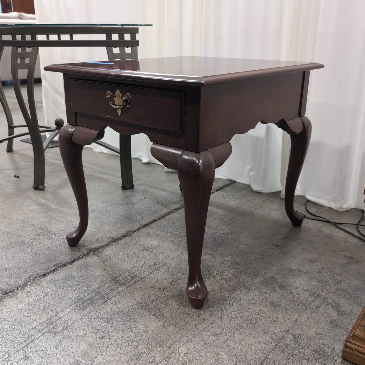 Dark Wood Single-Drawer End Table with Cabriole Legs