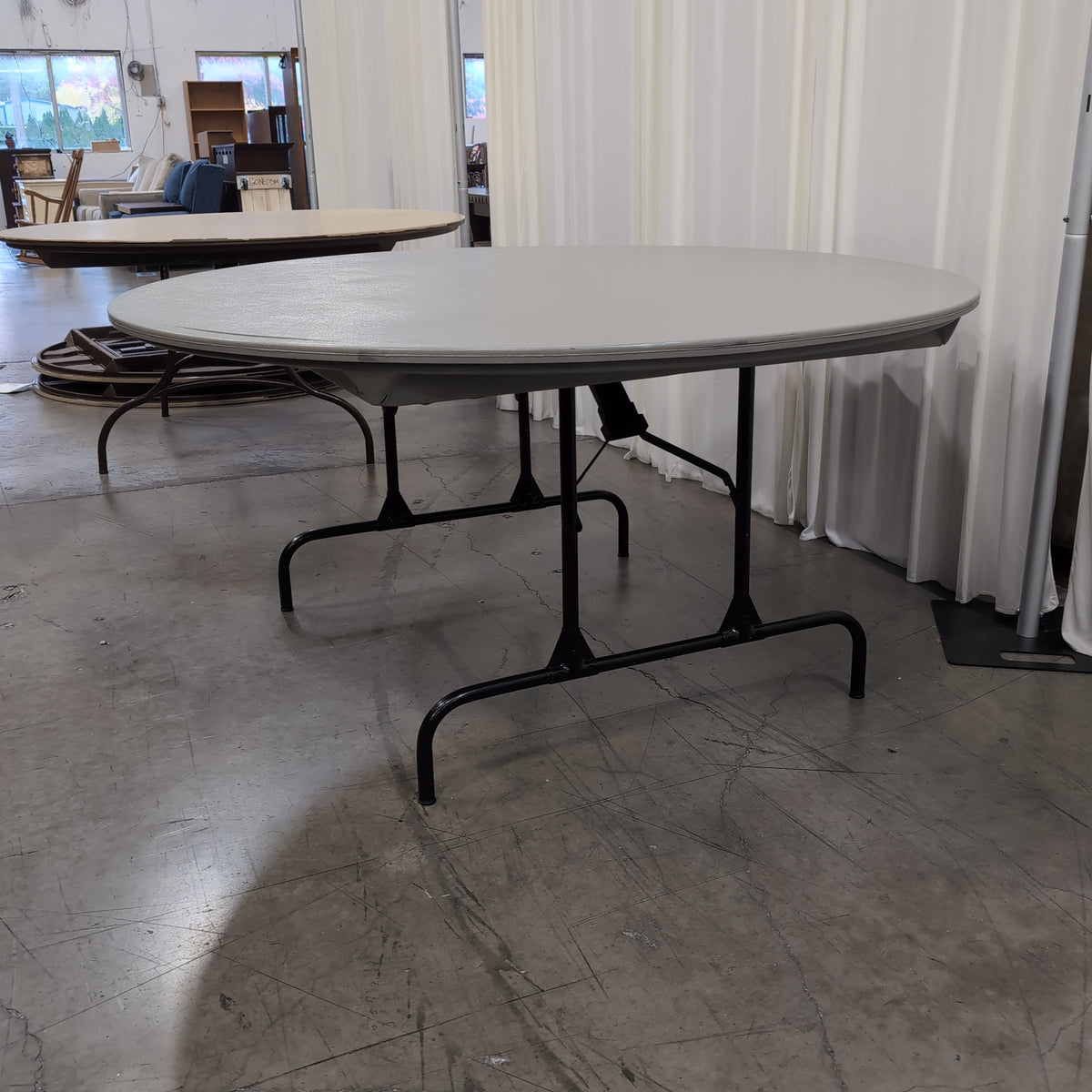 Round Grey Plastic Folding Table with Black Metal Legs