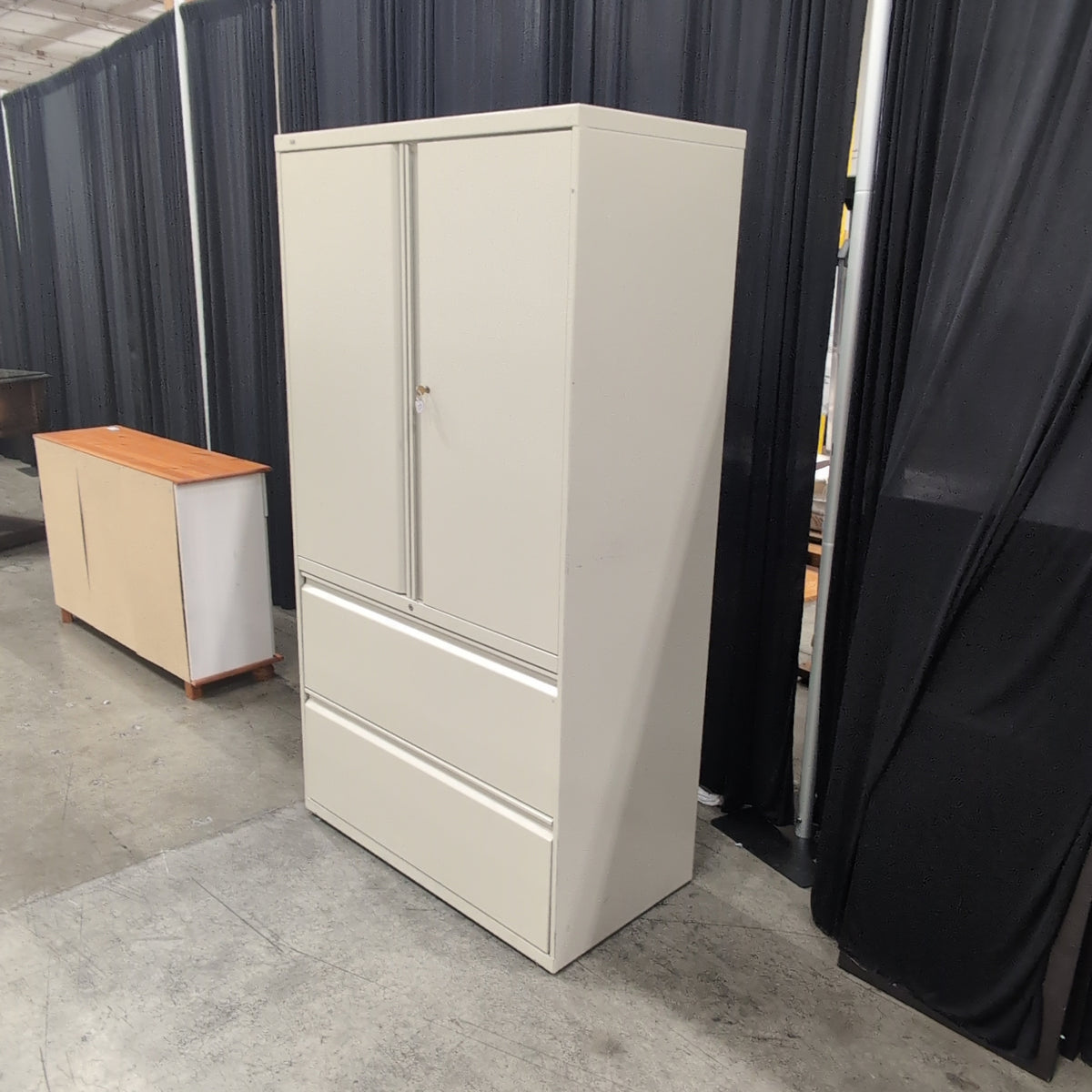 Light Beige Metal Storage Cabinet with Sliding Doors