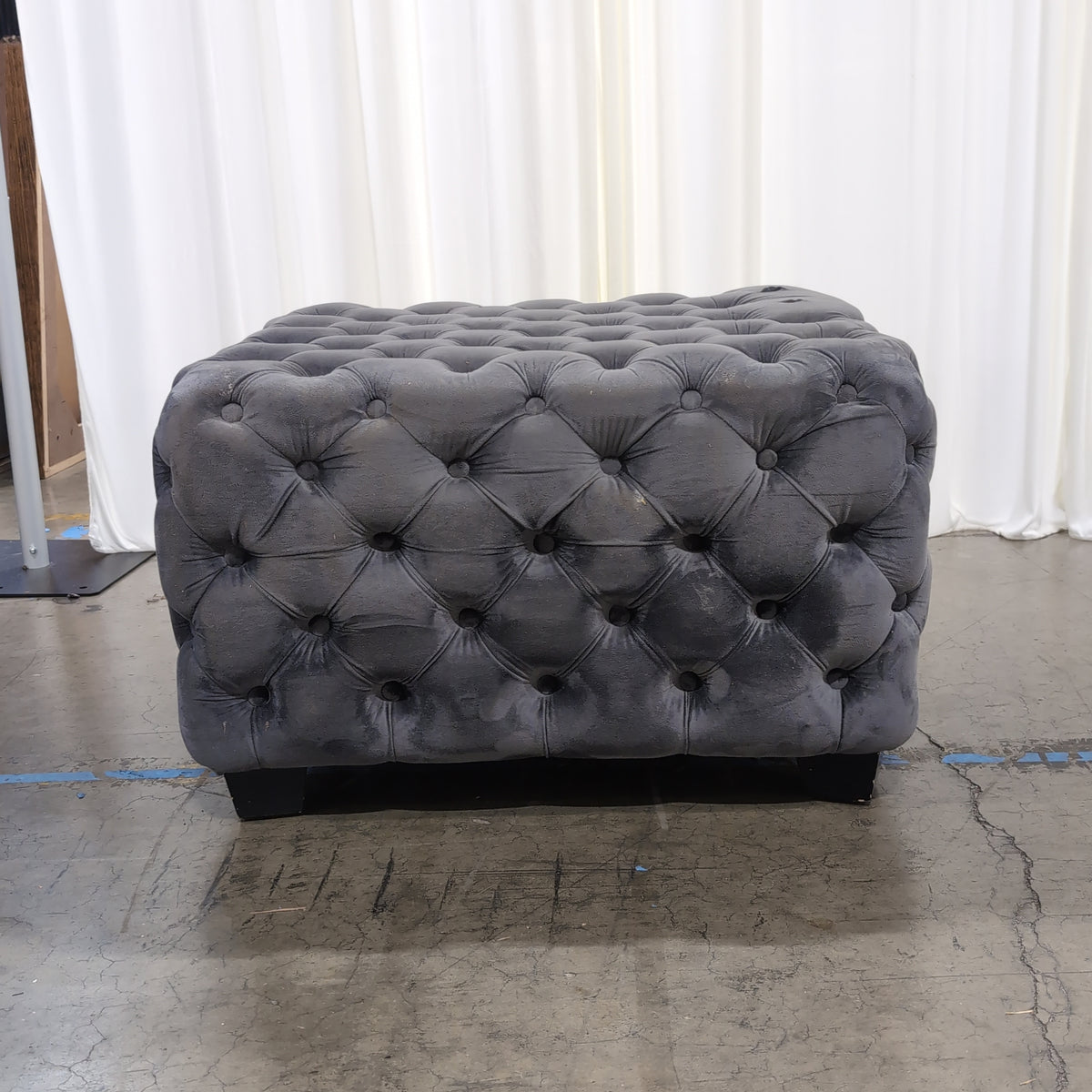 Charcoal Grey Upholstered Ottoman with Button Tufting
