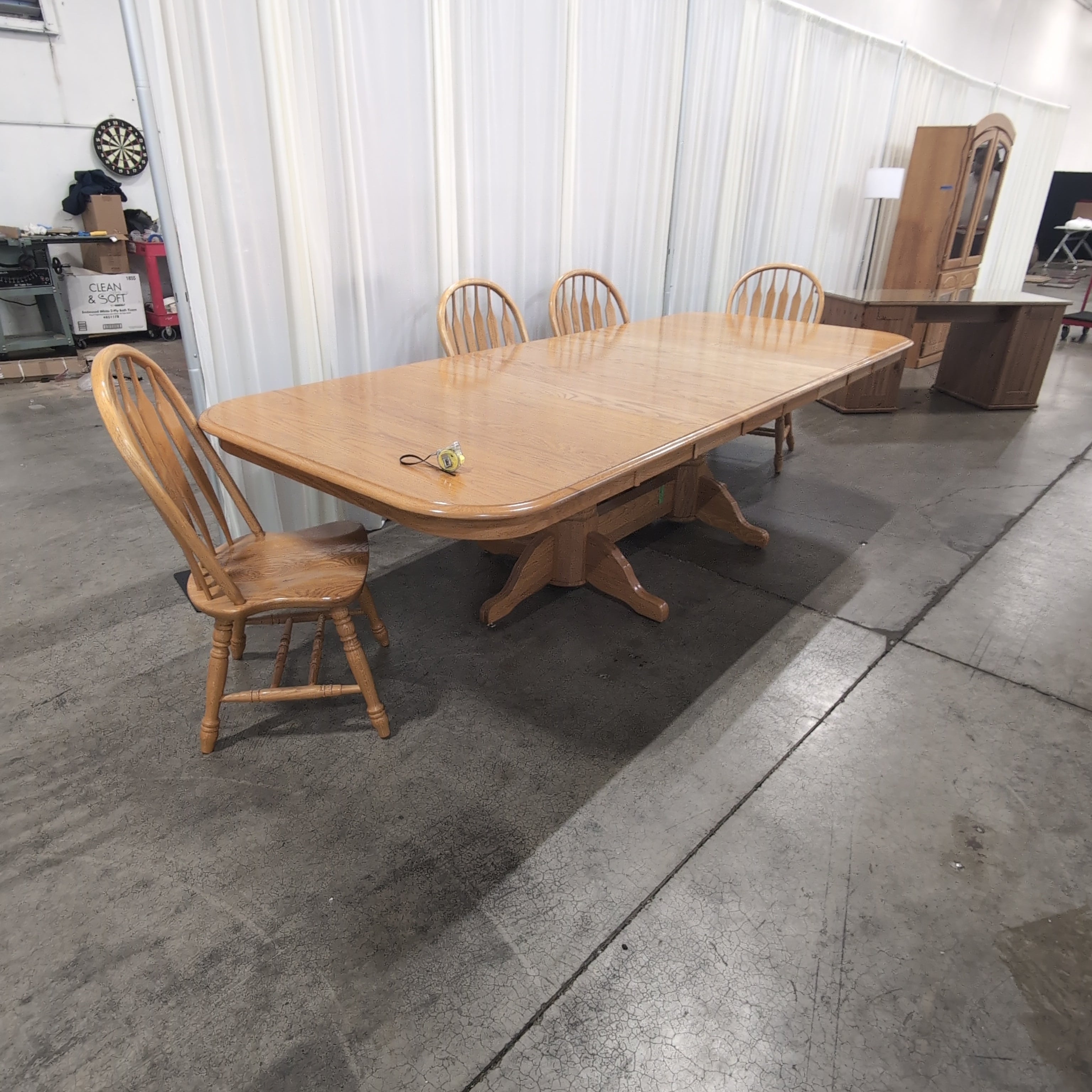 Light Wood Pedestal Dining Table with Four Windsor Chairs
