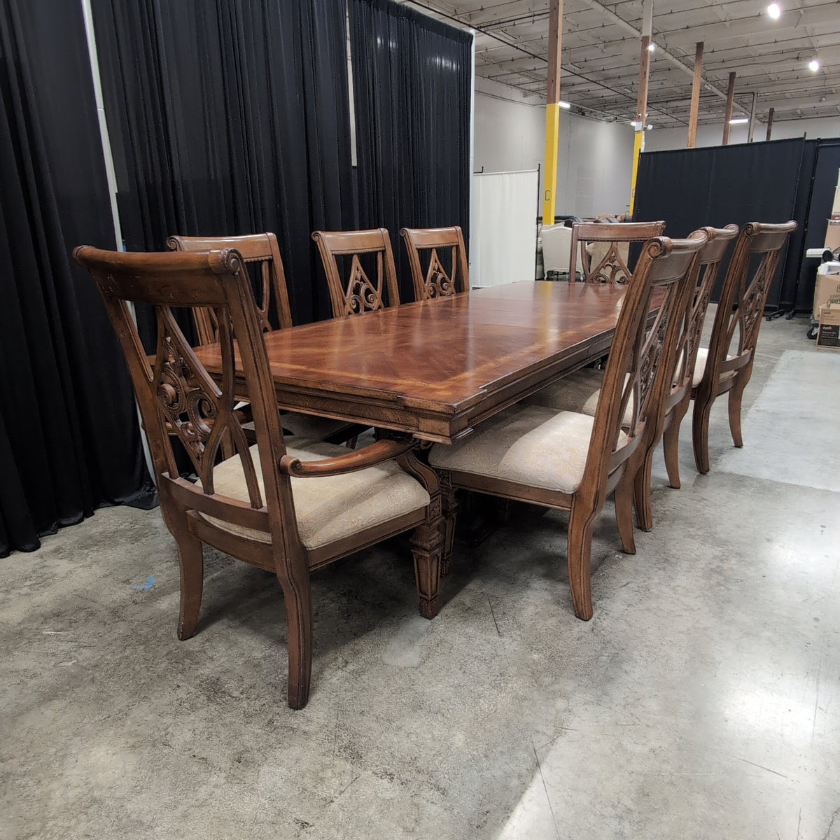 Ornate Carved Back Dining Table Set with Six Chairs
