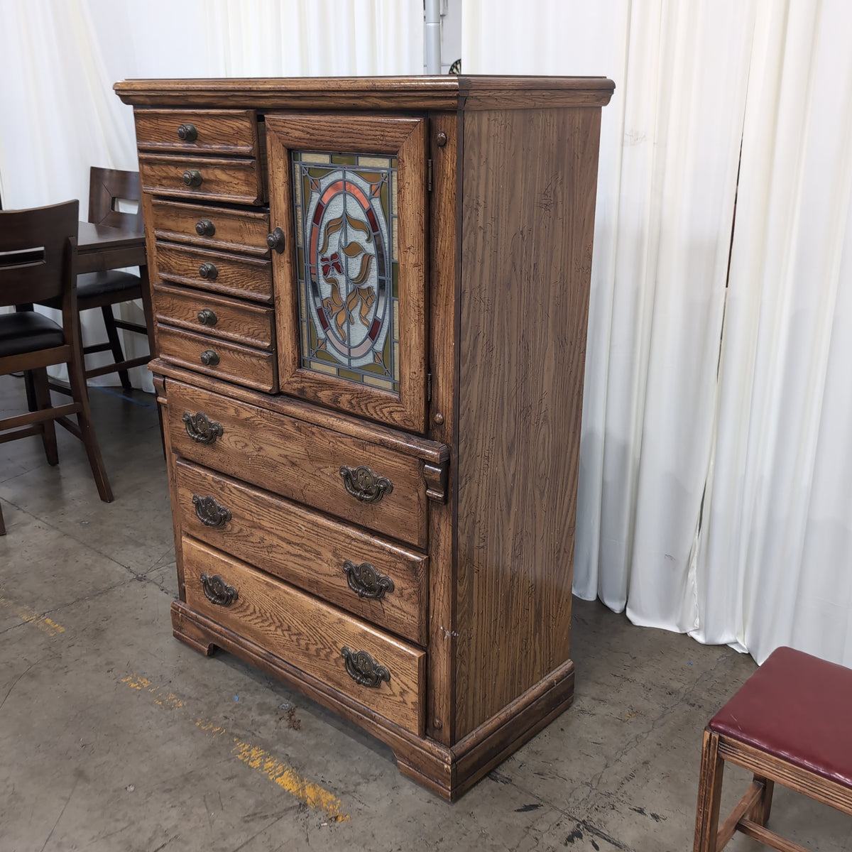 Oak Wood Dresser with Stained Glass Cabinet