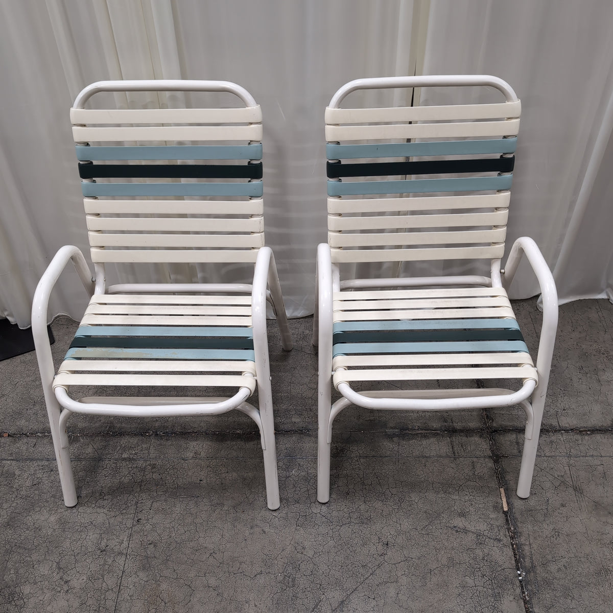 Vintage Cream Metal Patio Chair with Blue Straps