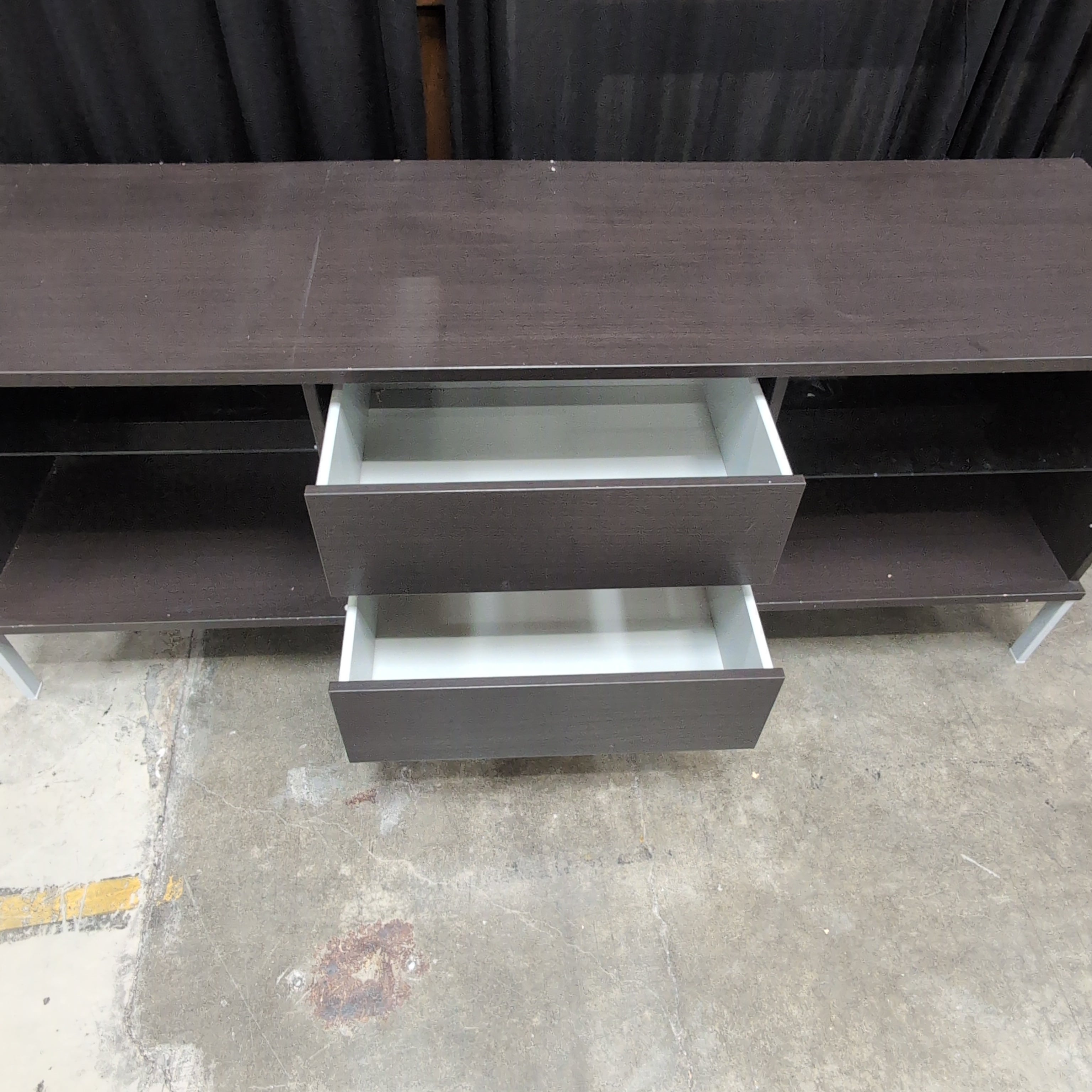 Dark Brown Two-Drawer TV Stand with Open Shelves