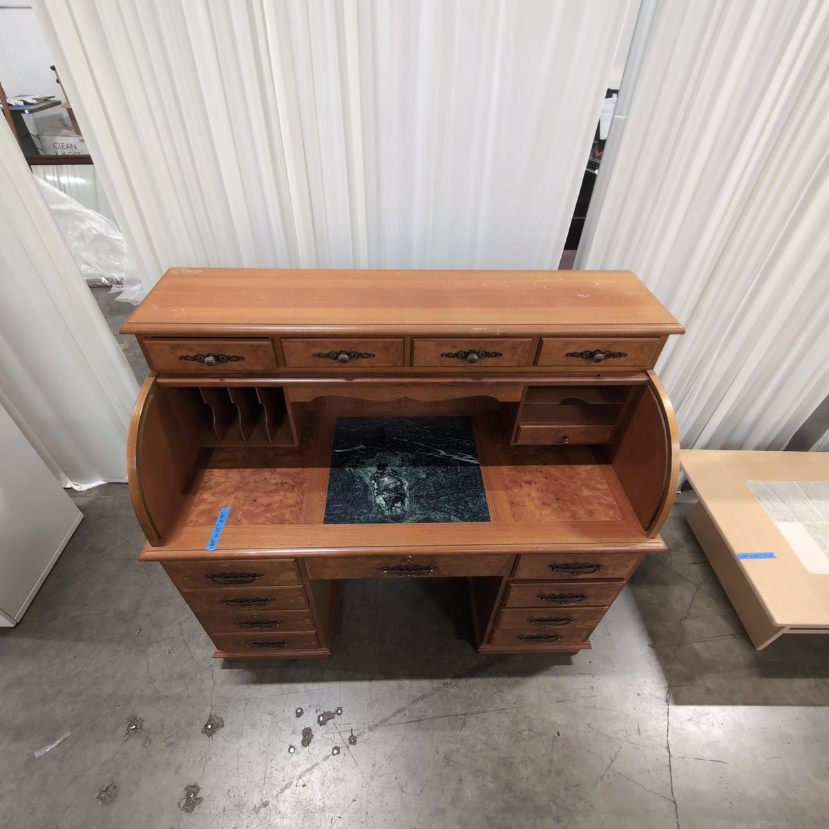 Traditional Wood Roll-Top Desk with Marble Insert