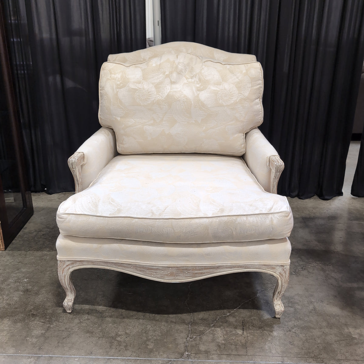 French Provincial Cream Upholstered Armchair with Carved Wood Frame
