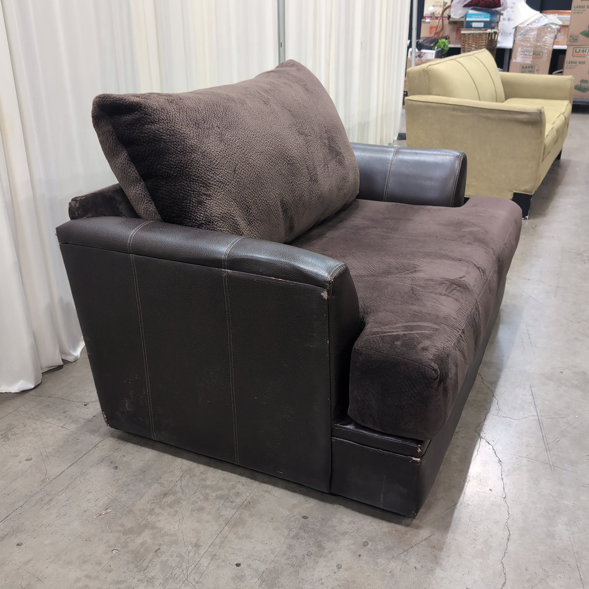 Contemporary Dark Brown Fabric Couch with Faux Leather Arms