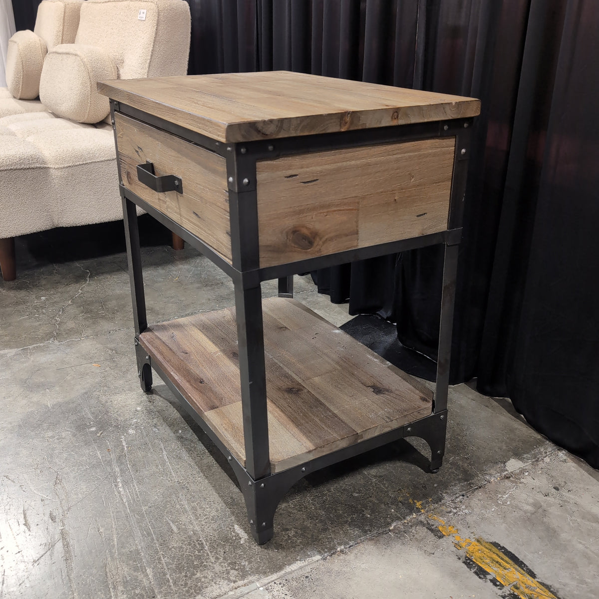 Rustic Wood and Dark Metal One-Drawer Nightstand