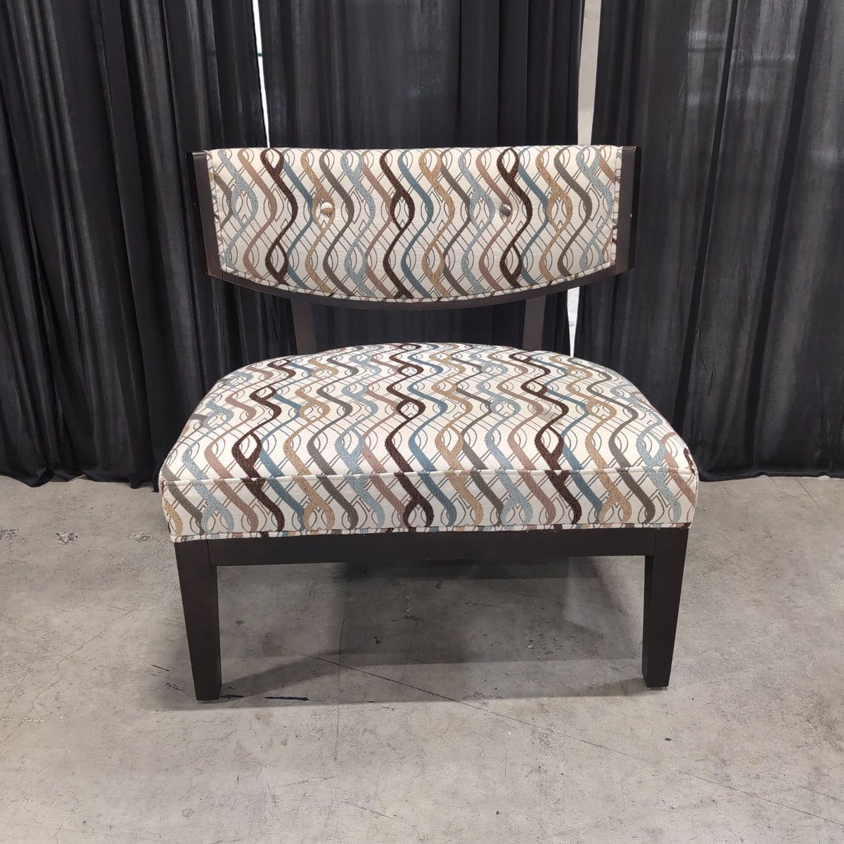 Dark Wood Accent Chair with Patterned Upholstery