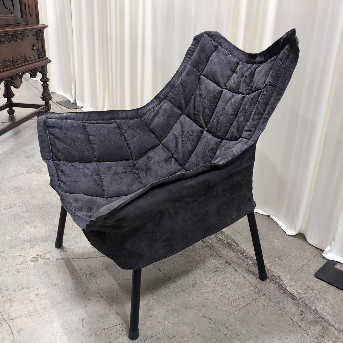 Black Quilted Fabric Lounge Chair with Metal Frame