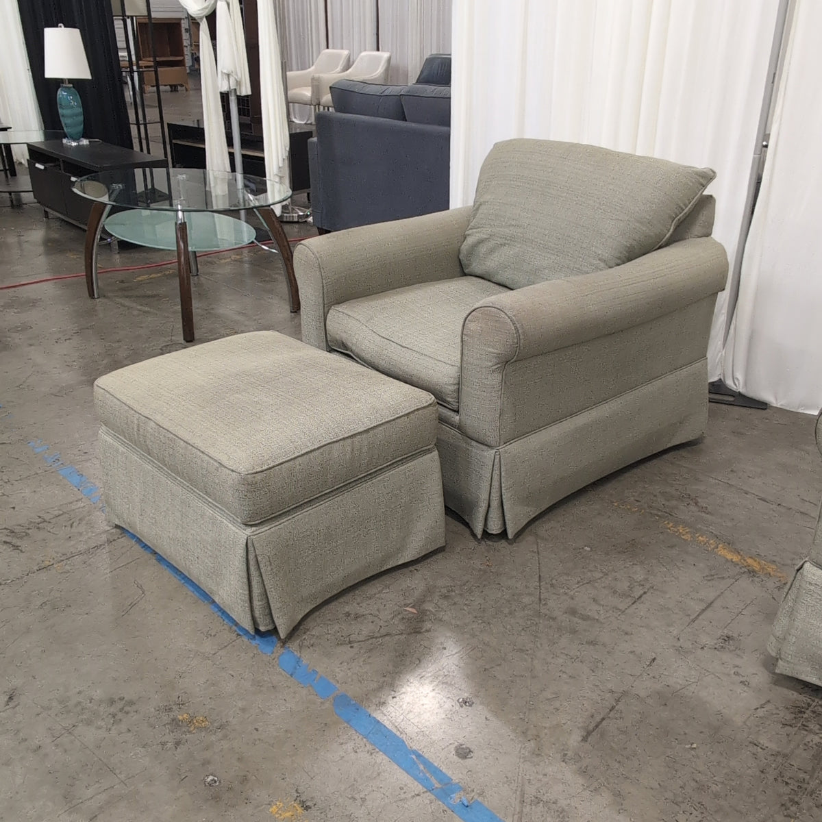 Bassett Furniture Sage Green Rolled Arm Armchair and Ottoman Set