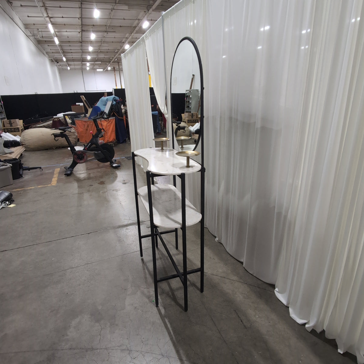 Black Metal and Marble Console Table with Oval Mirror