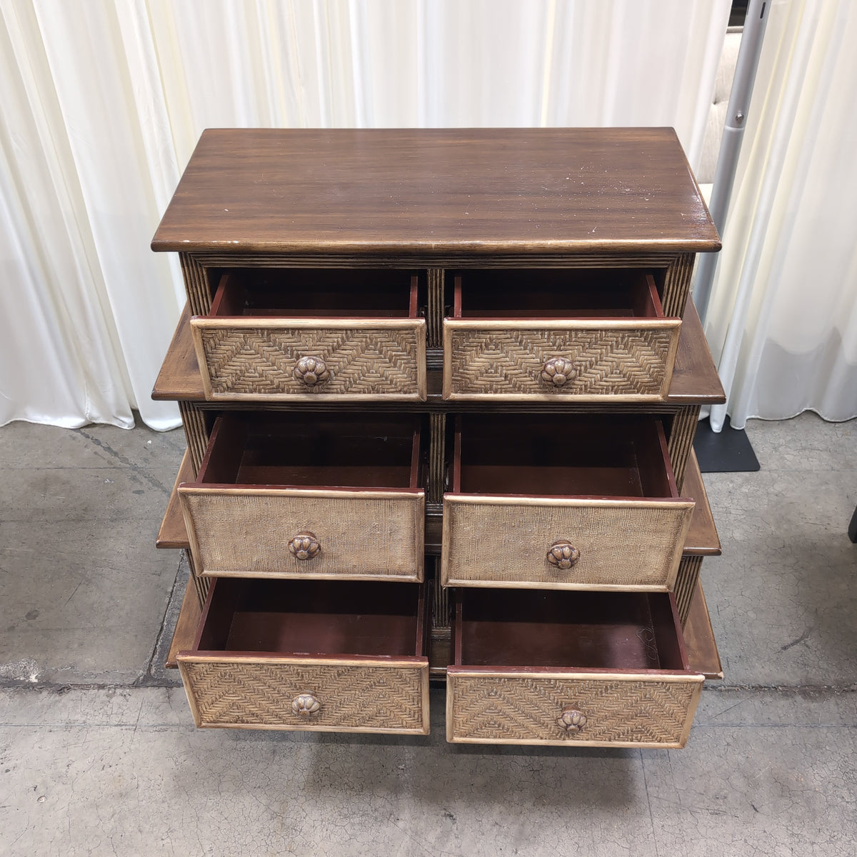 Tropical Brown Wood Six-Drawer Dresser with Rattan Fronts