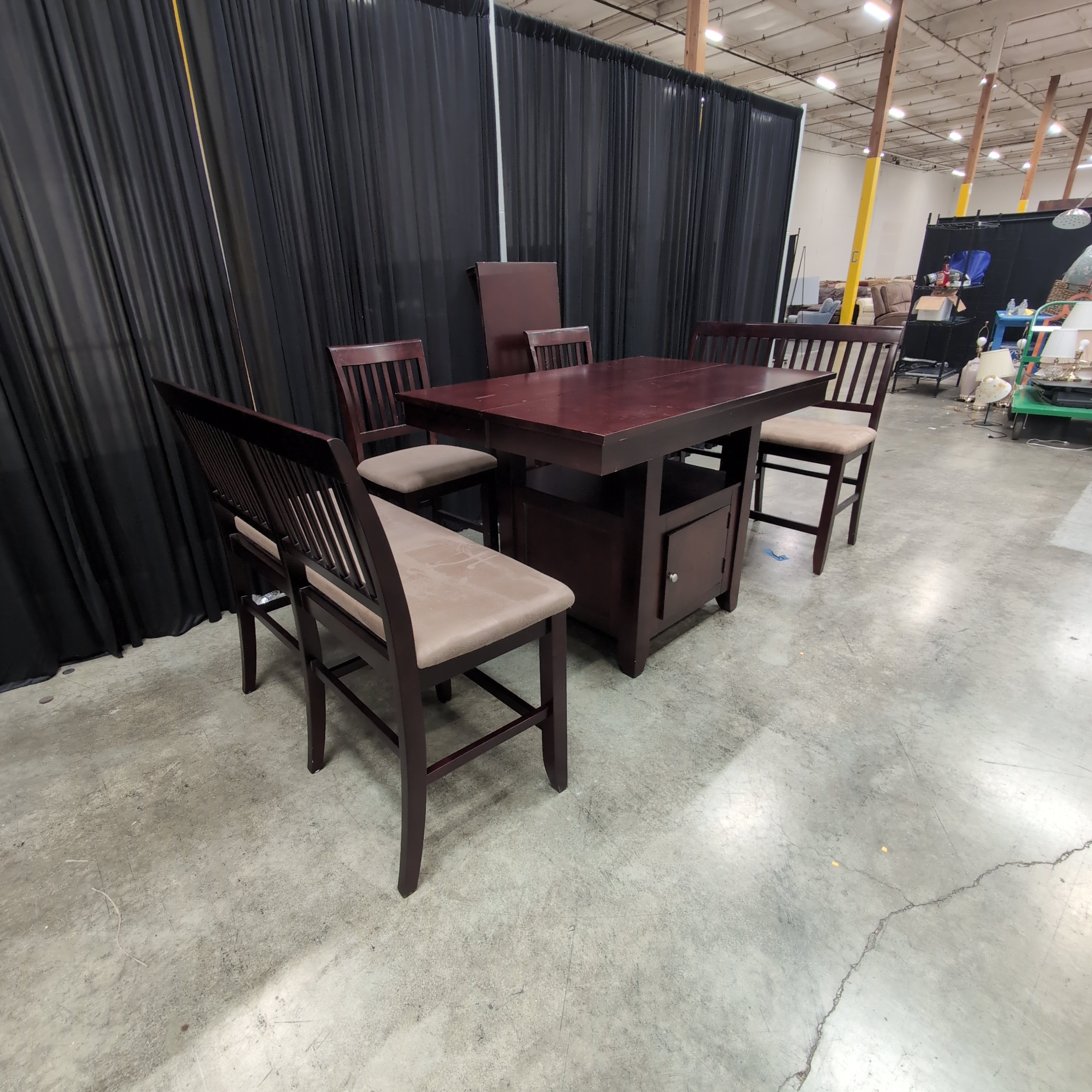 Dark Brown Counter-Height Dining Table with Storage Base and Four Chairs
