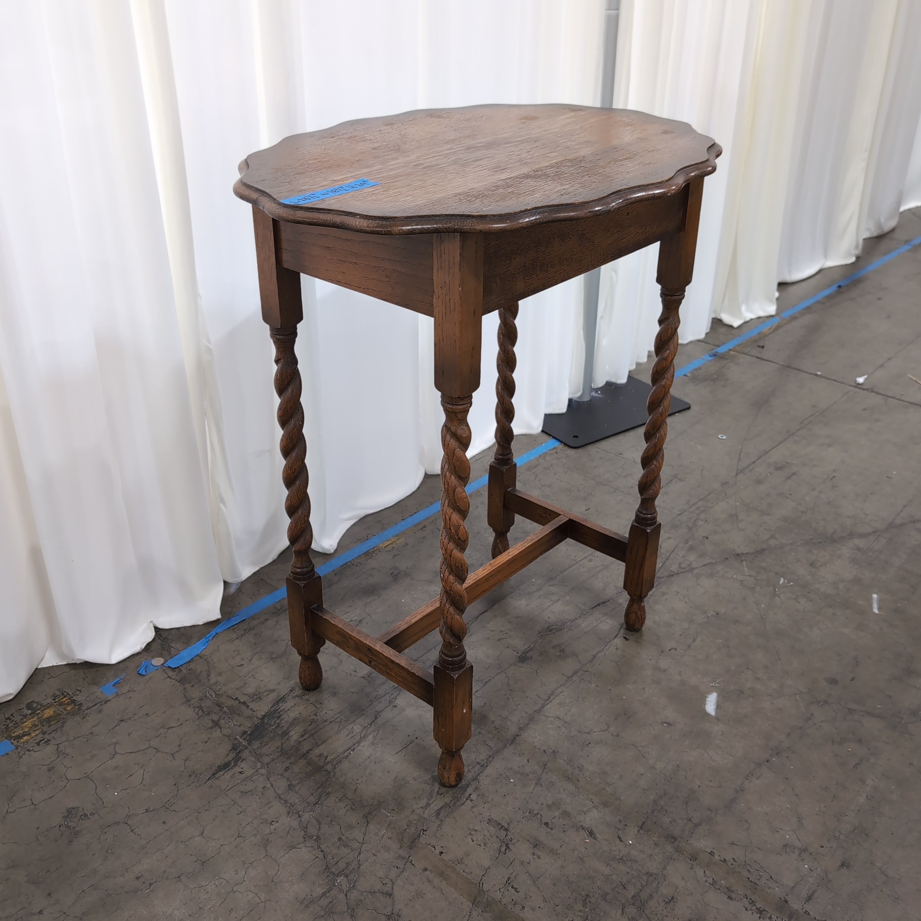 Vintage Scalloped Top Wood End Table with Barley Twist Legs