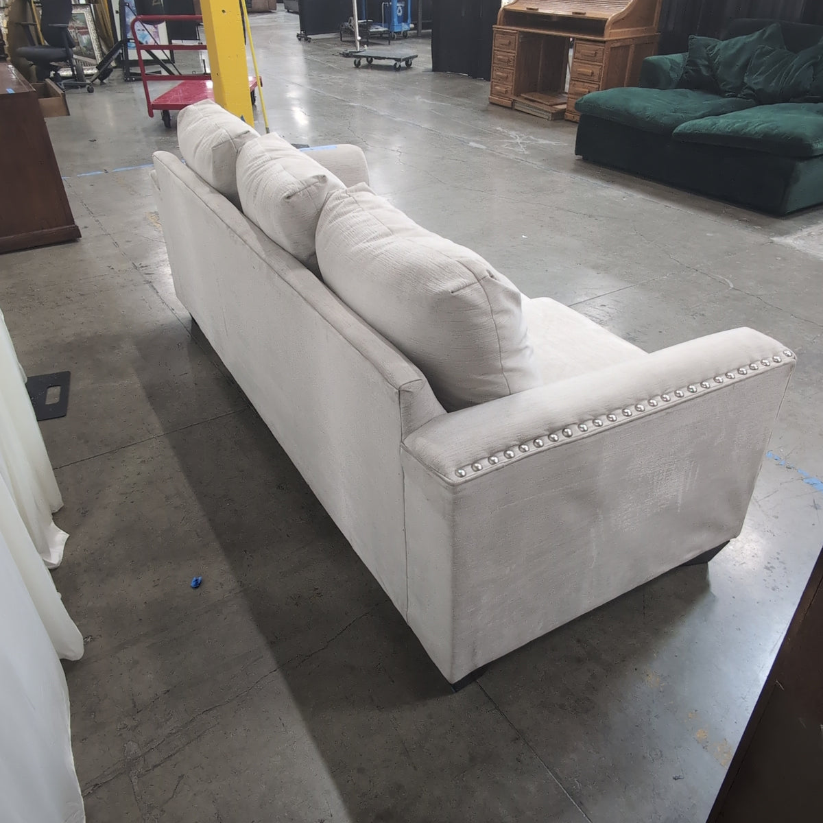 Light Beige Microfiber Couch with Nailhead Trim