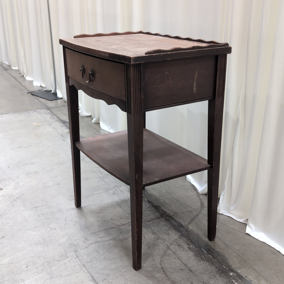 Dark Wood Scalloped Top Nightstand with Drawer