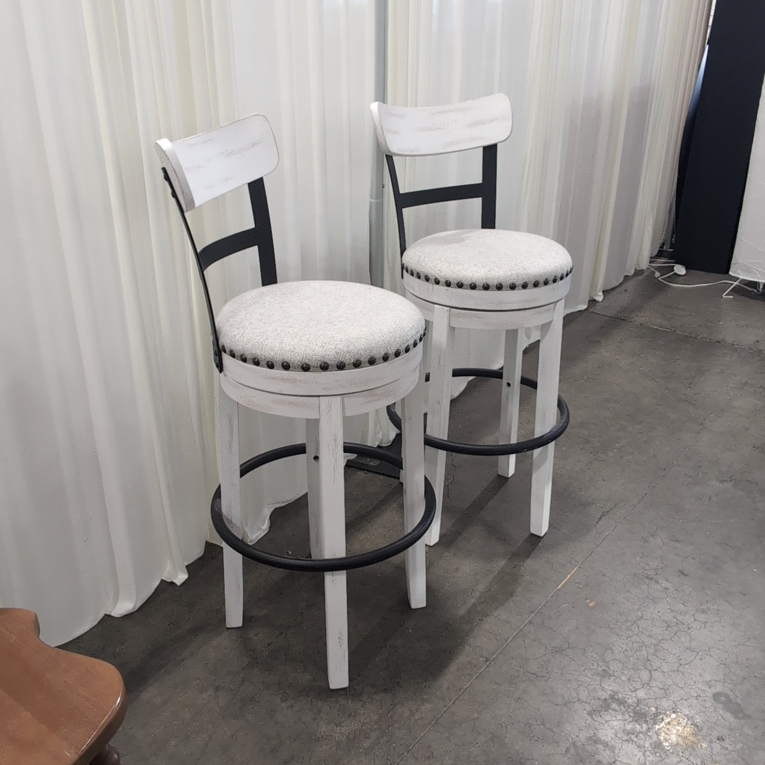 Distressed White Wood Backrest Bar Stool with Upholstered Seat