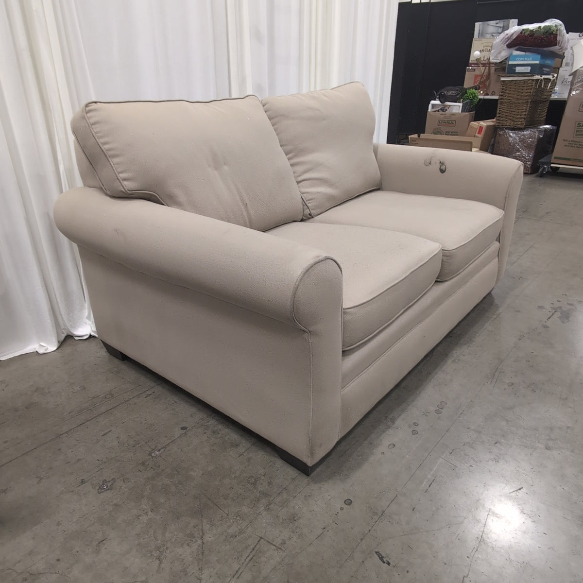 Tan Fabric Rolled Arm Loveseat