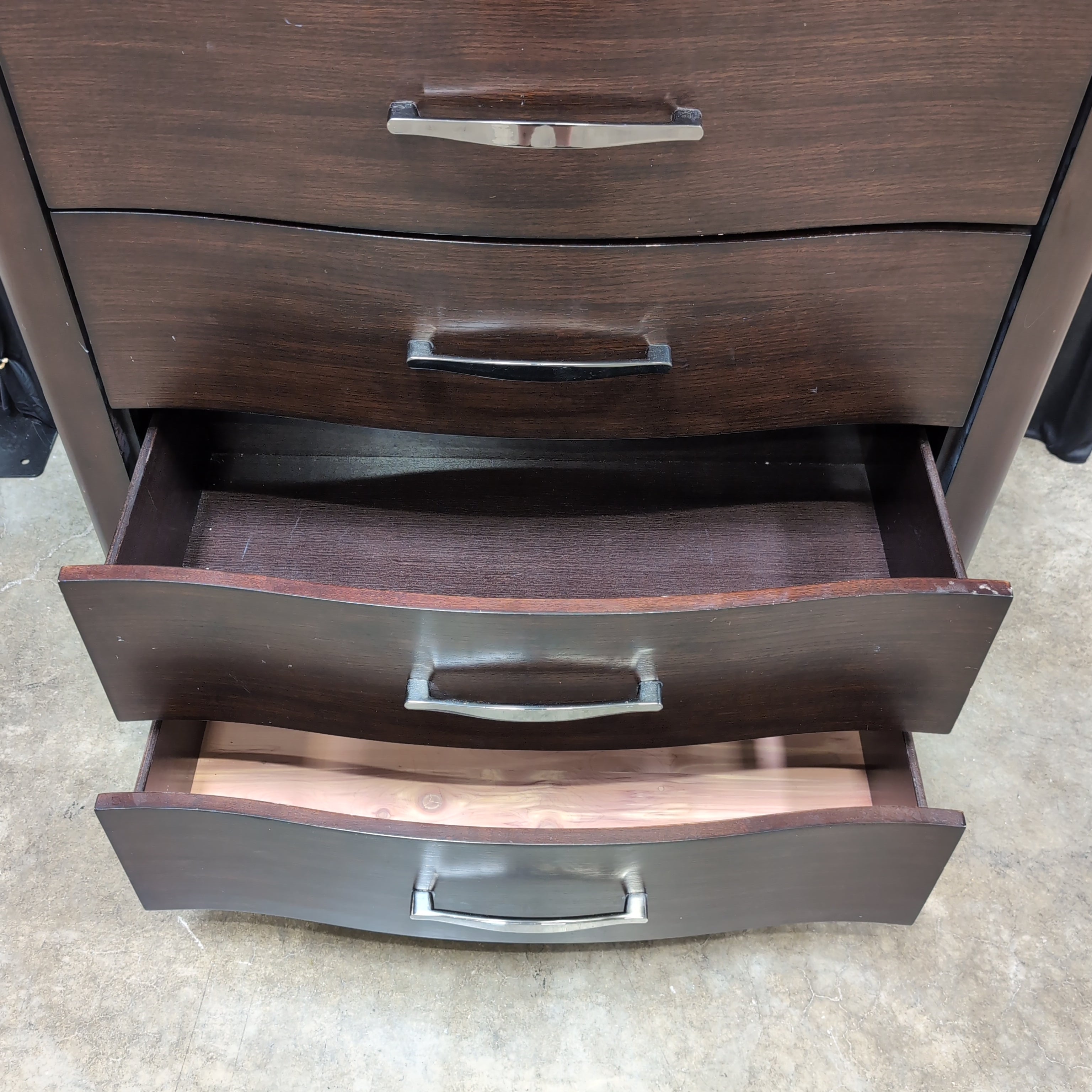 Dark Brown Wood Dresser with Curved Drawers