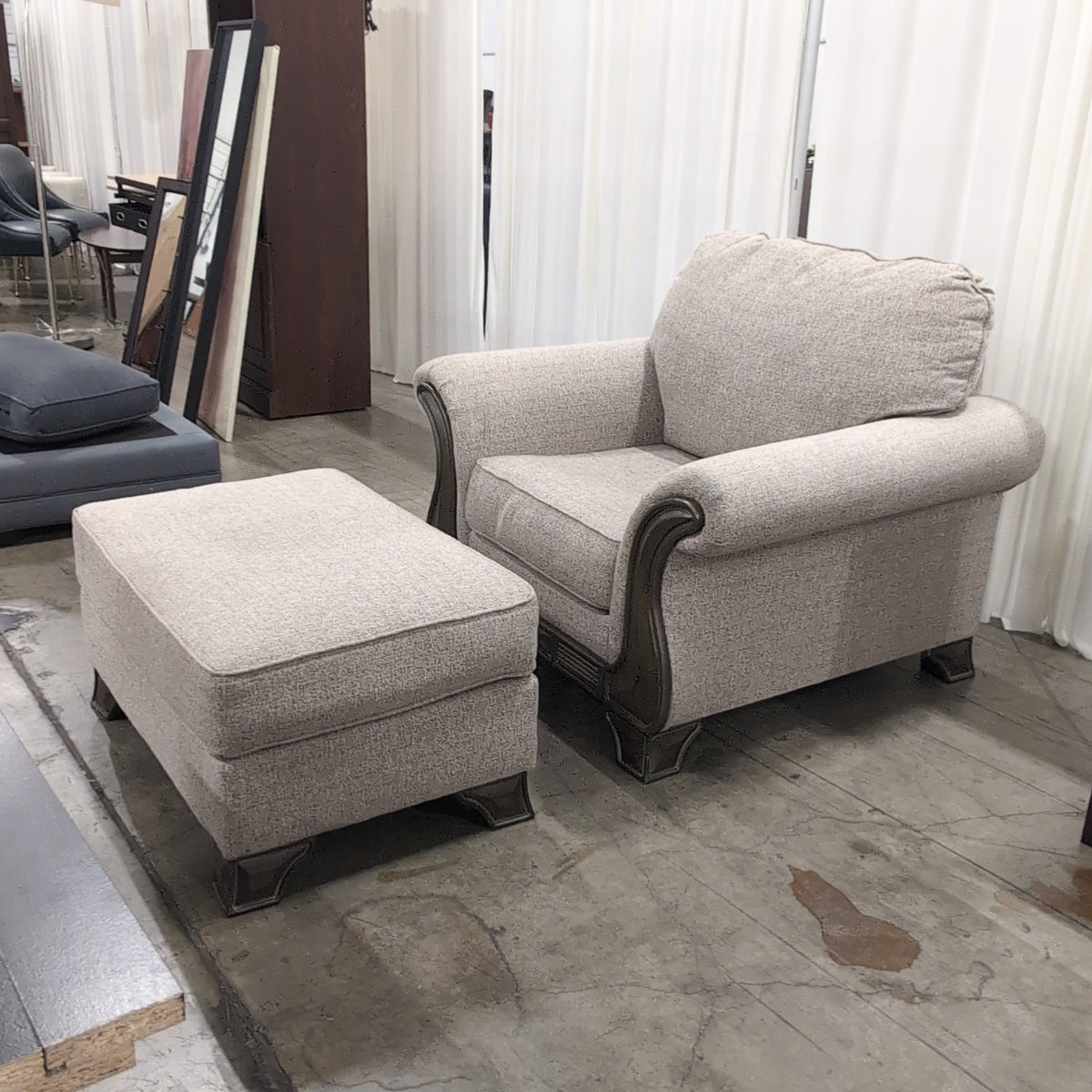 Traditional Tan Fabric Armchair with Wood Trim