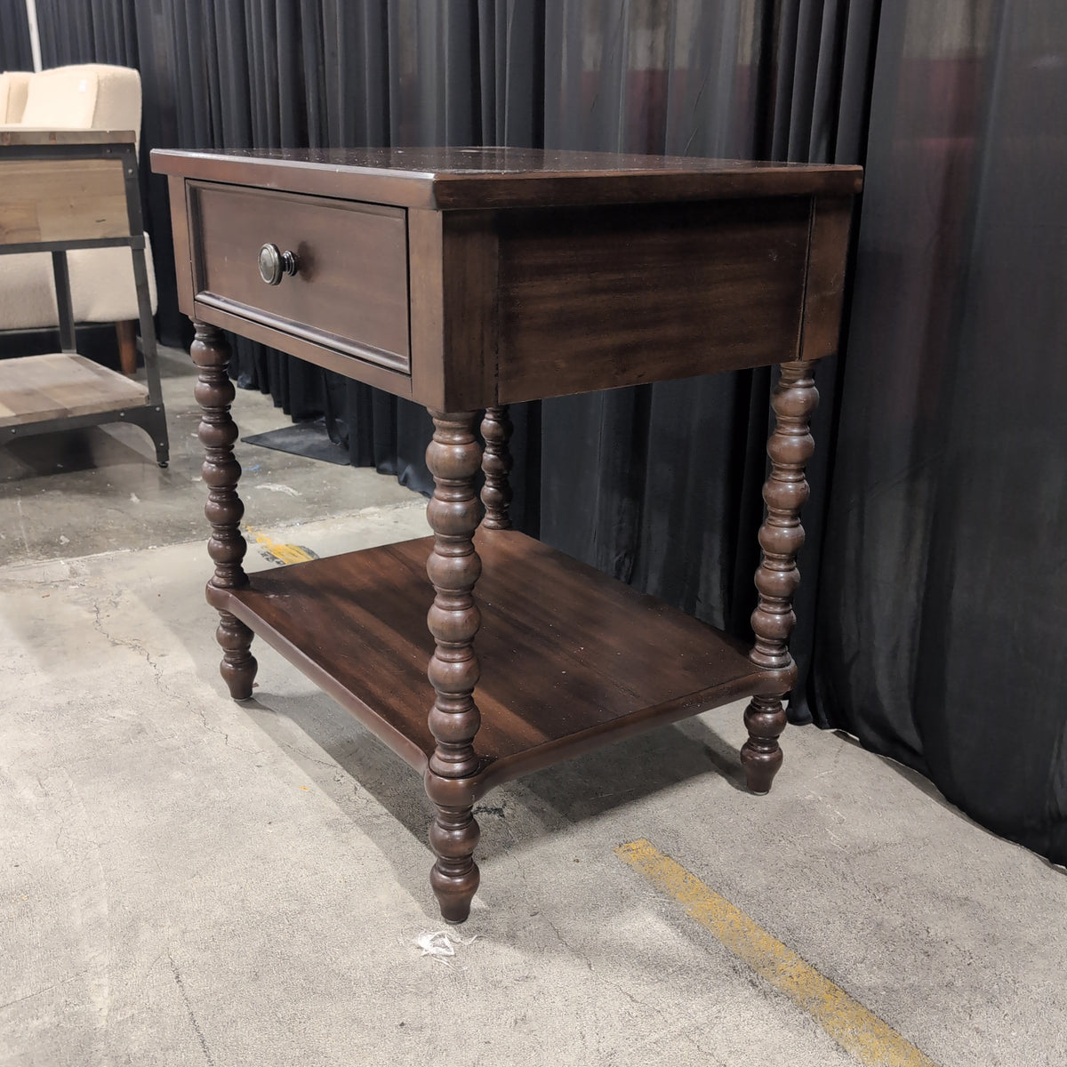 Dark Wood Single Drawer Nightstand with Bobbin Legs