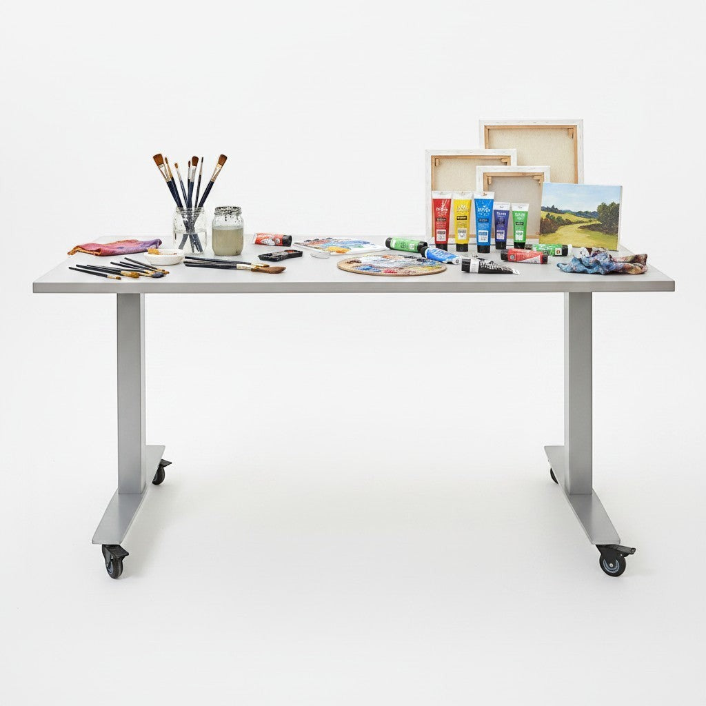 GONE STORE Sienna TL Modern White Top Table with Locking Casters, 60"W x 24"D, grey metal T-legs.
