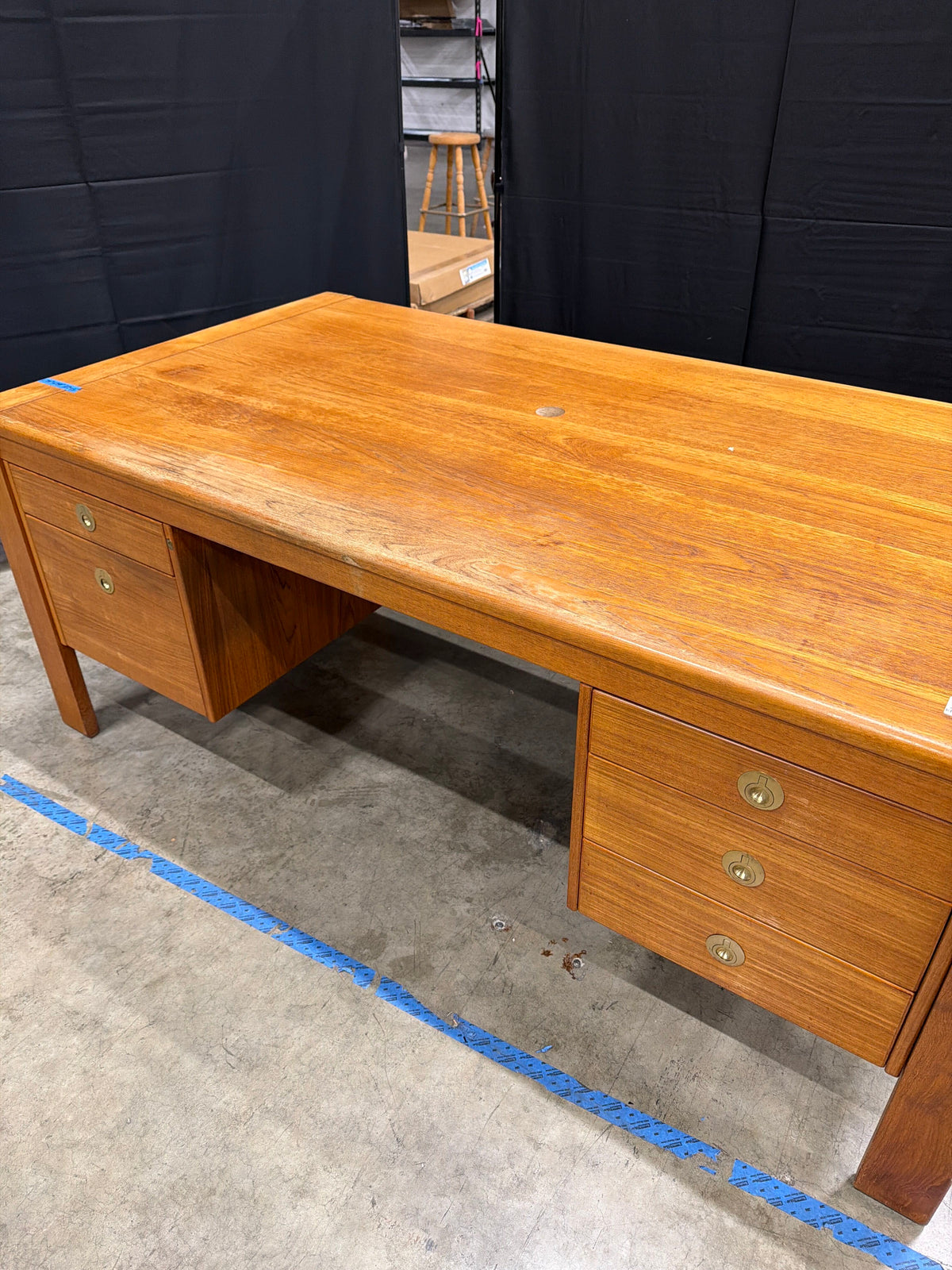 D-Scan Mid Century Modern Solid Teak Executive Desk, Double Pedestal 5-Drawer, Made in Singapore