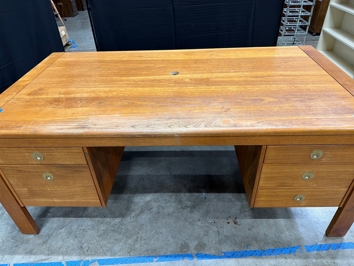 D-Scan Mid Century Modern Solid Teak Executive Desk, Double Pedestal 5-Drawer, Made in Singapore
