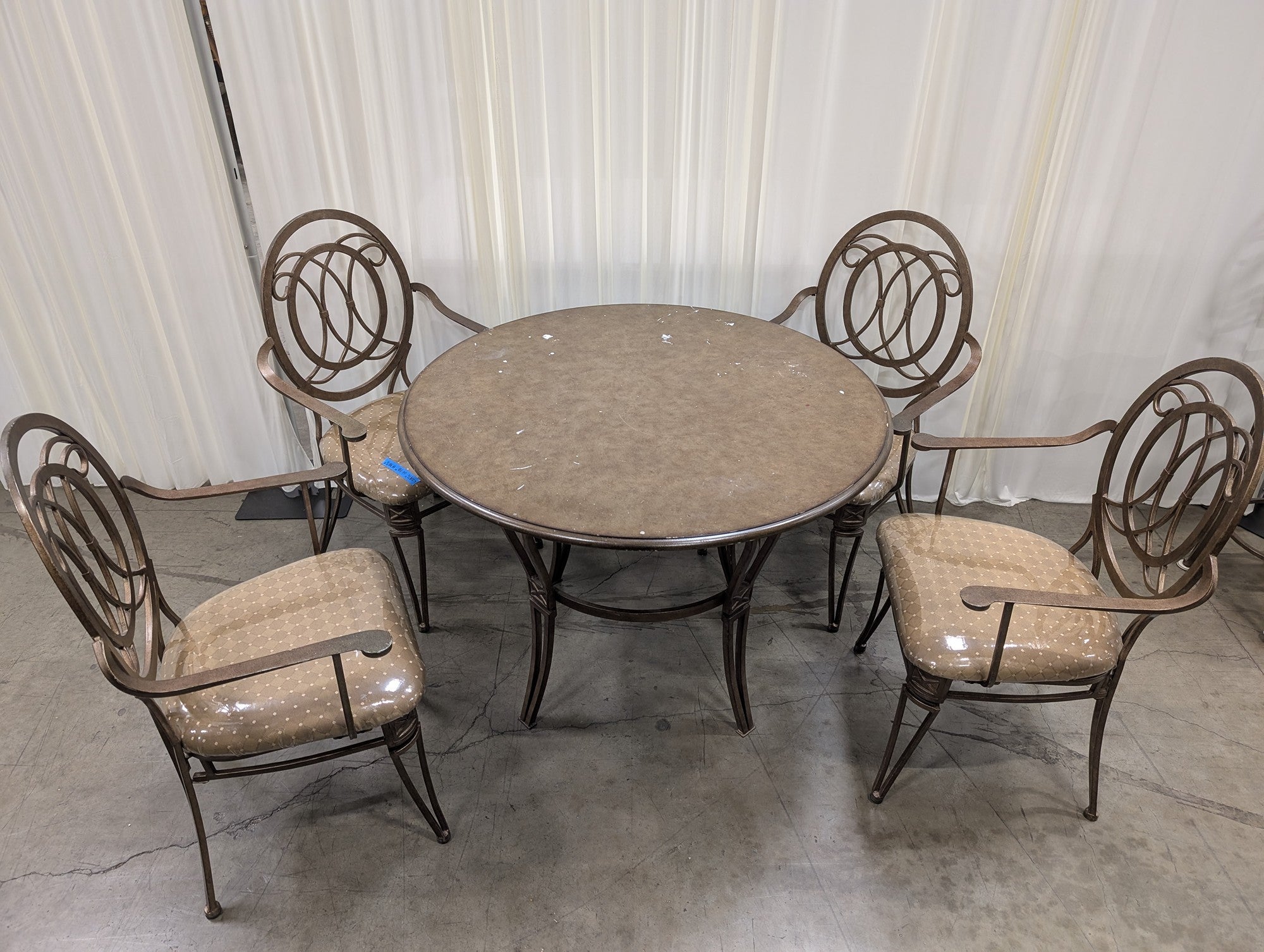 Ornate Bronze Metal Round Dining Set with Four Chairs