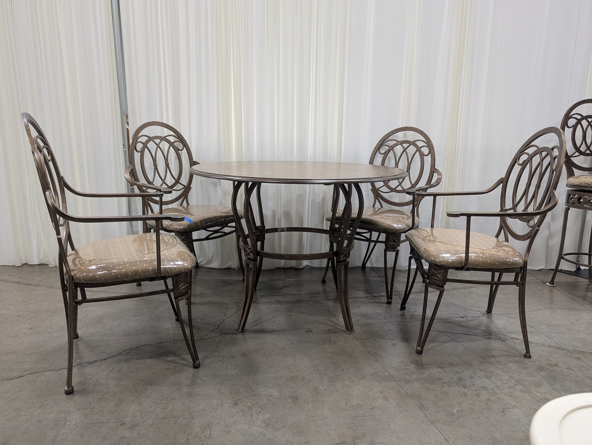 Ornate Bronze Metal Round Dining Set with Four Chairs