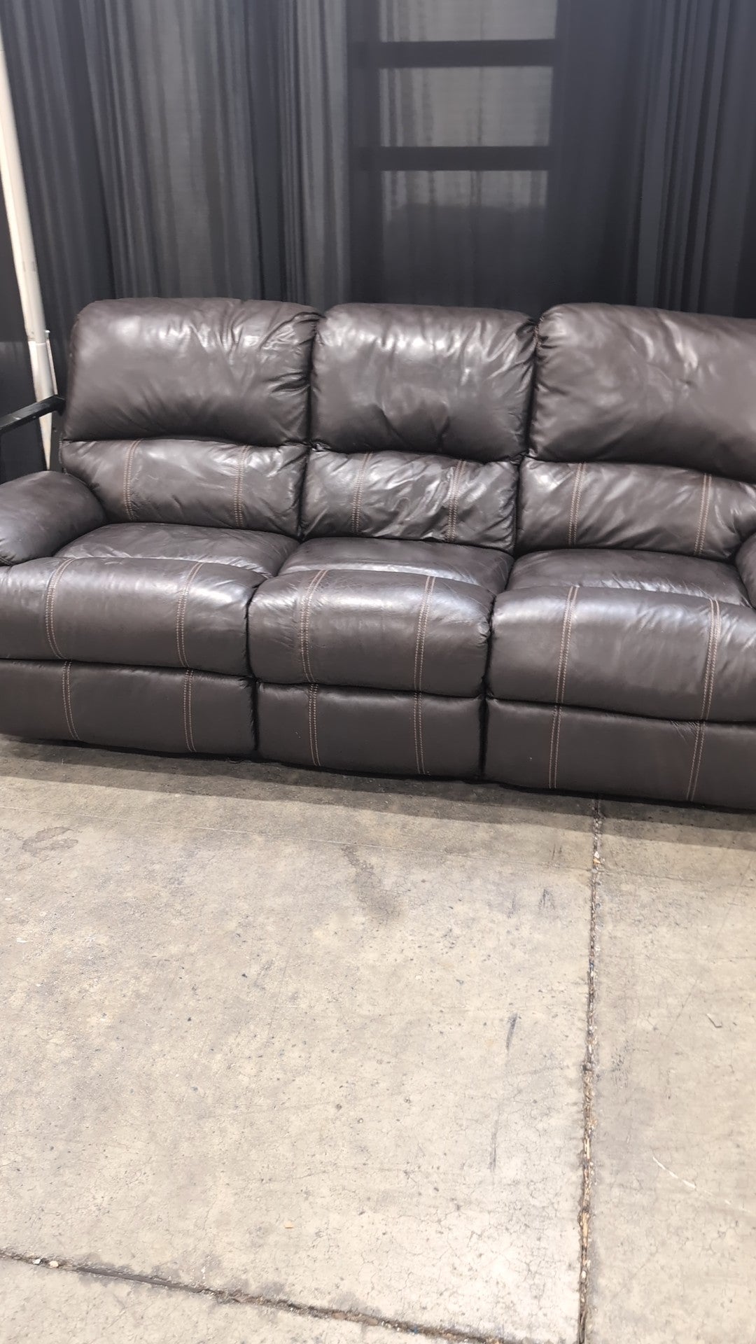 Dark Brown Reclining Three-Seat Couch with Contrast Stitching