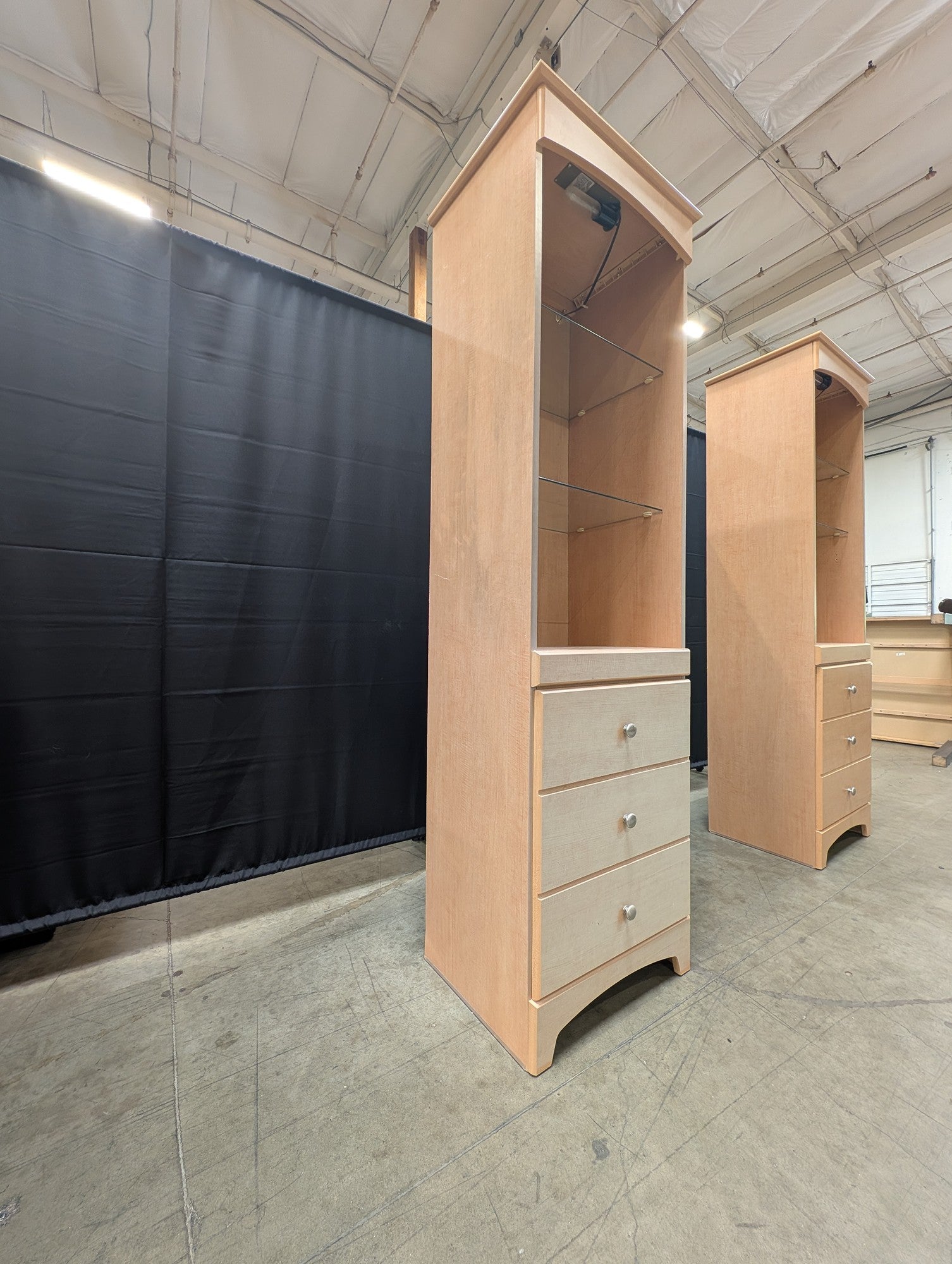 Contemporary Blonde Wood Display Cabinet with Glass Shelves and Storage Drawers