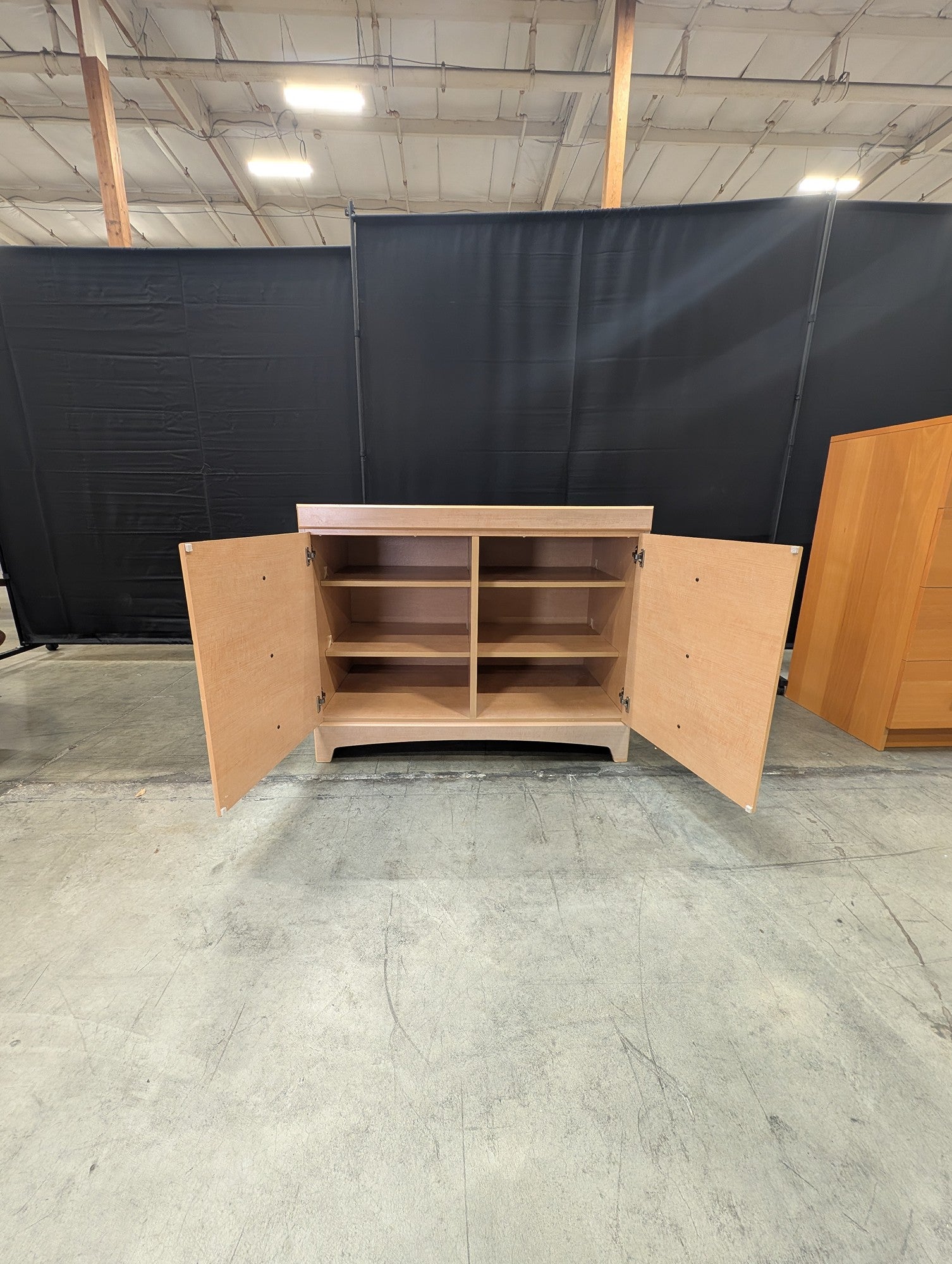 Blonde Wood Six-Compartment Storage Cabinet with Silver Pulls