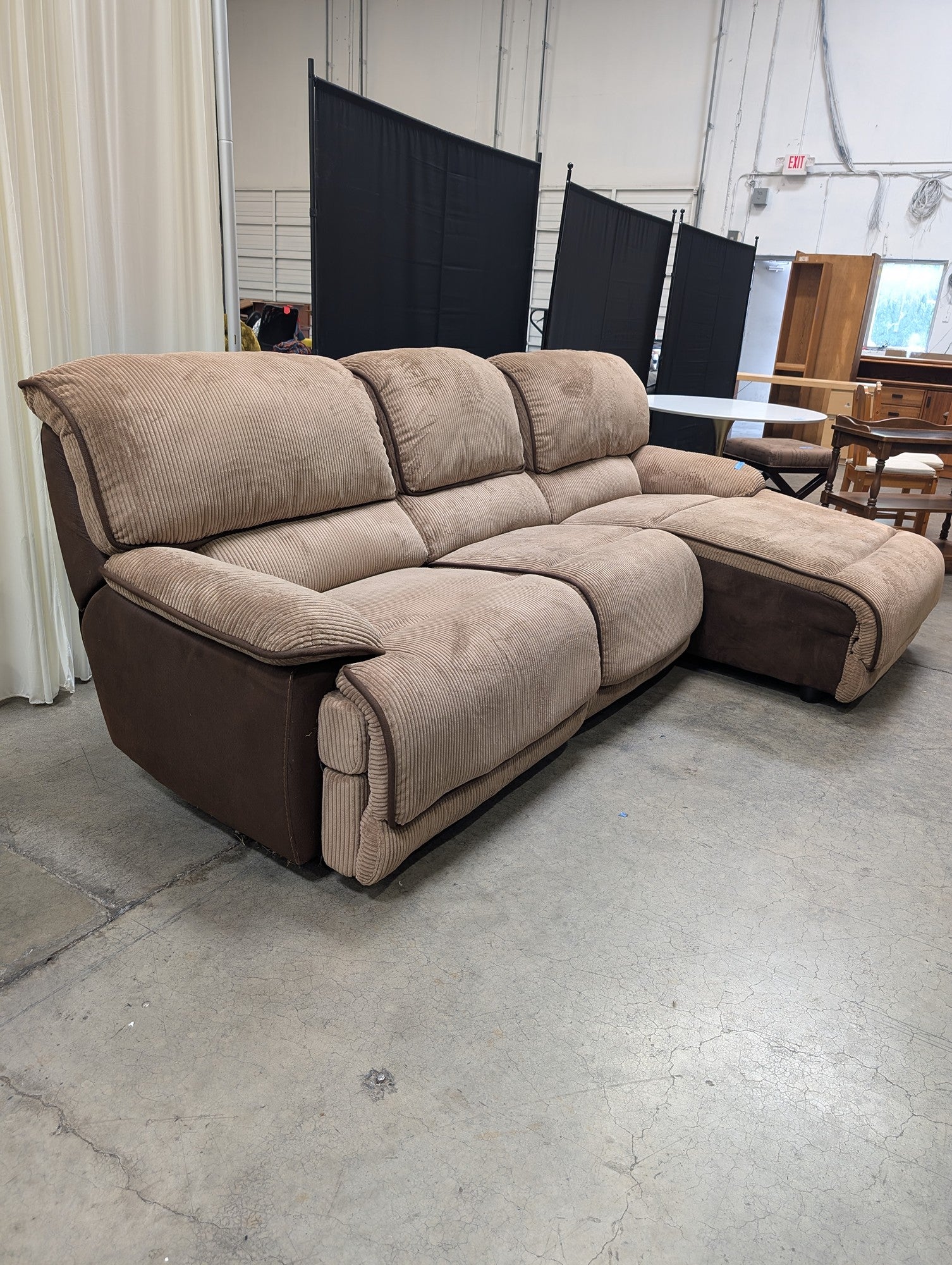 Tan Ribbed Fabric Reclining Sectional Couch with Chaise