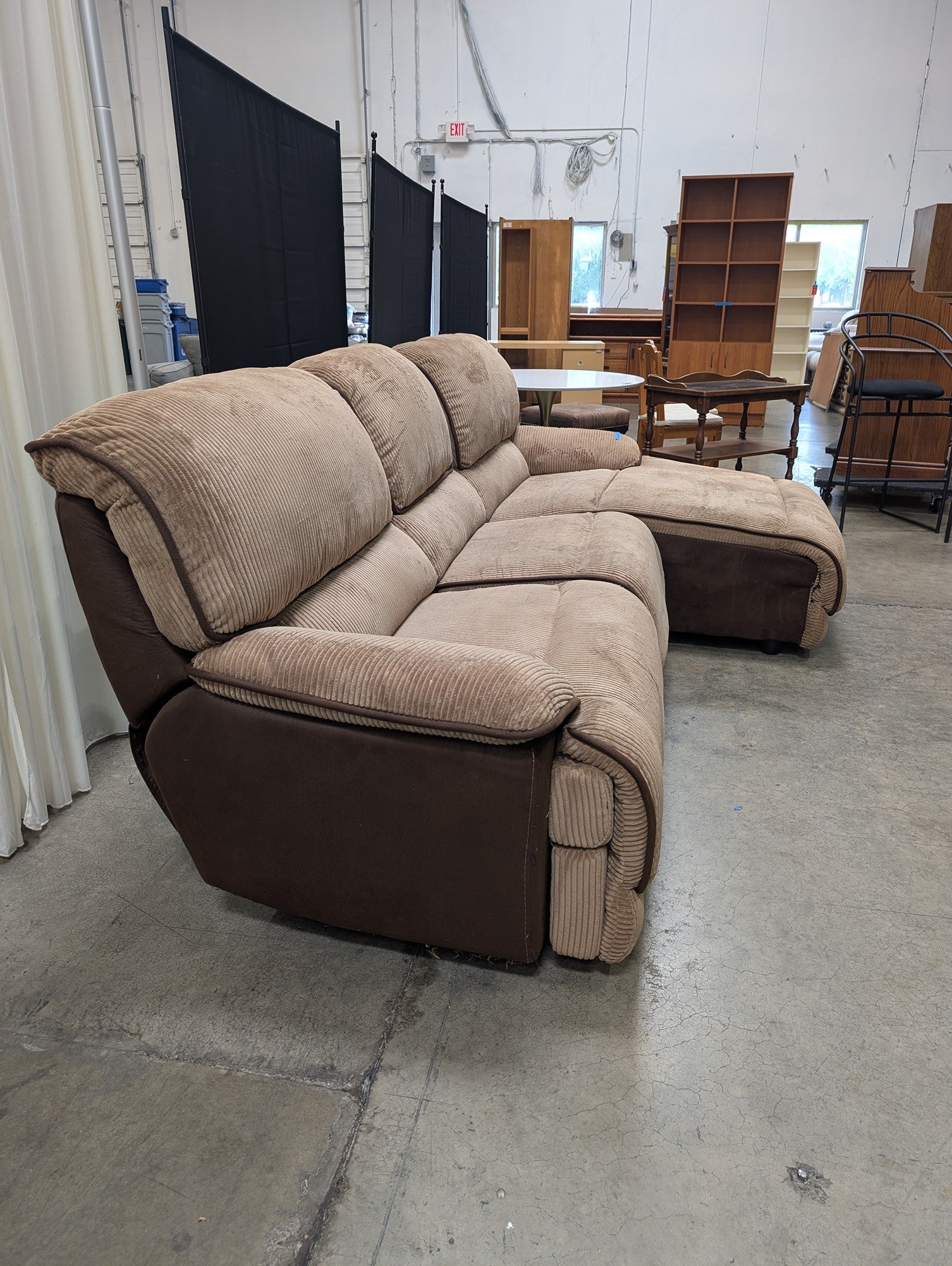 Tan Ribbed Fabric Reclining Sectional Couch with Chaise