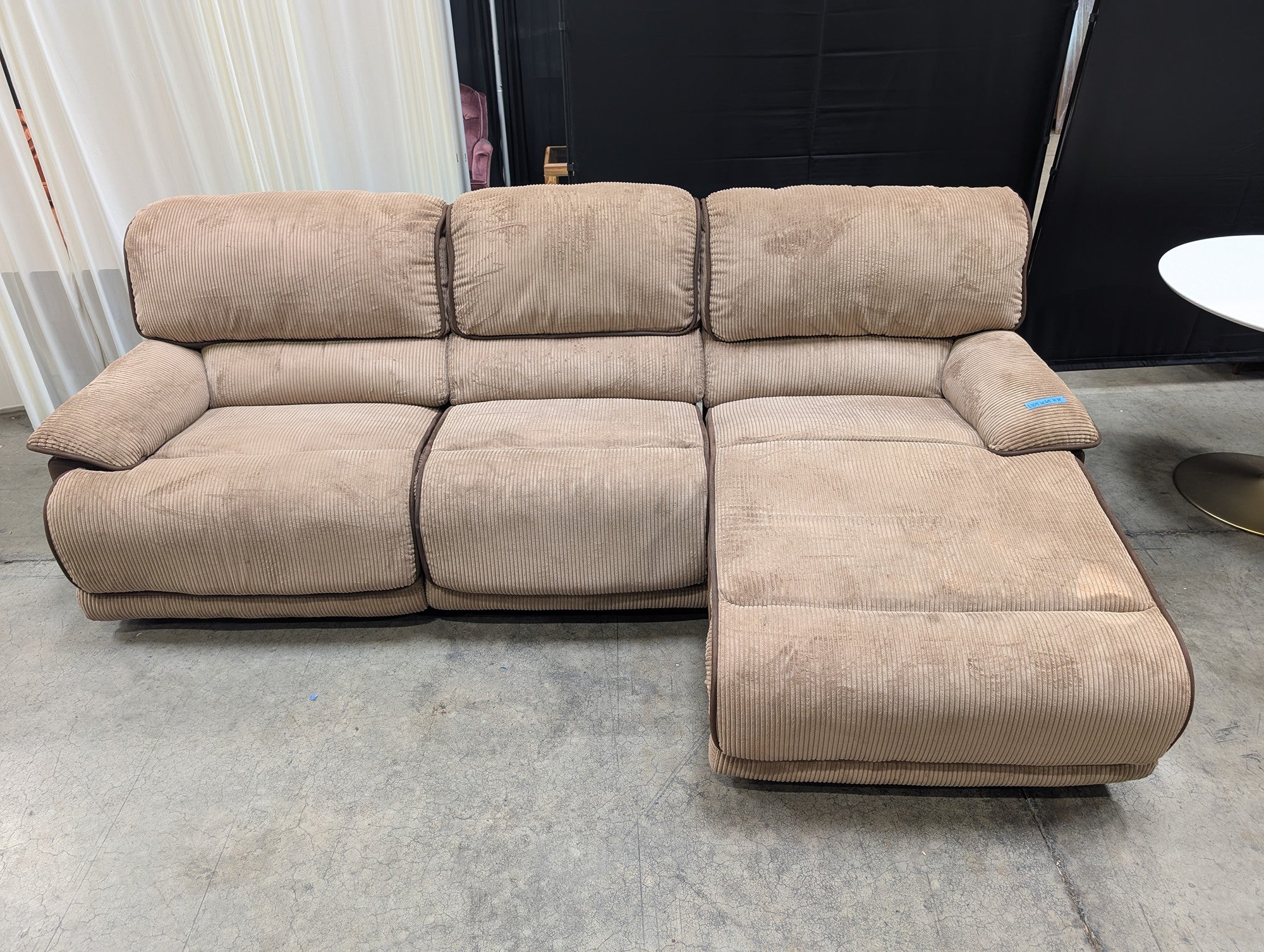 Tan Ribbed Fabric Reclining Sectional Couch with Chaise