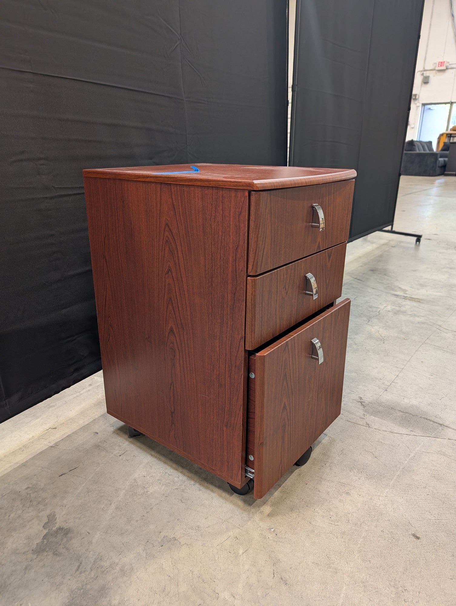Brown Wood Grain Three-Drawer Filing Cabinet with Casters