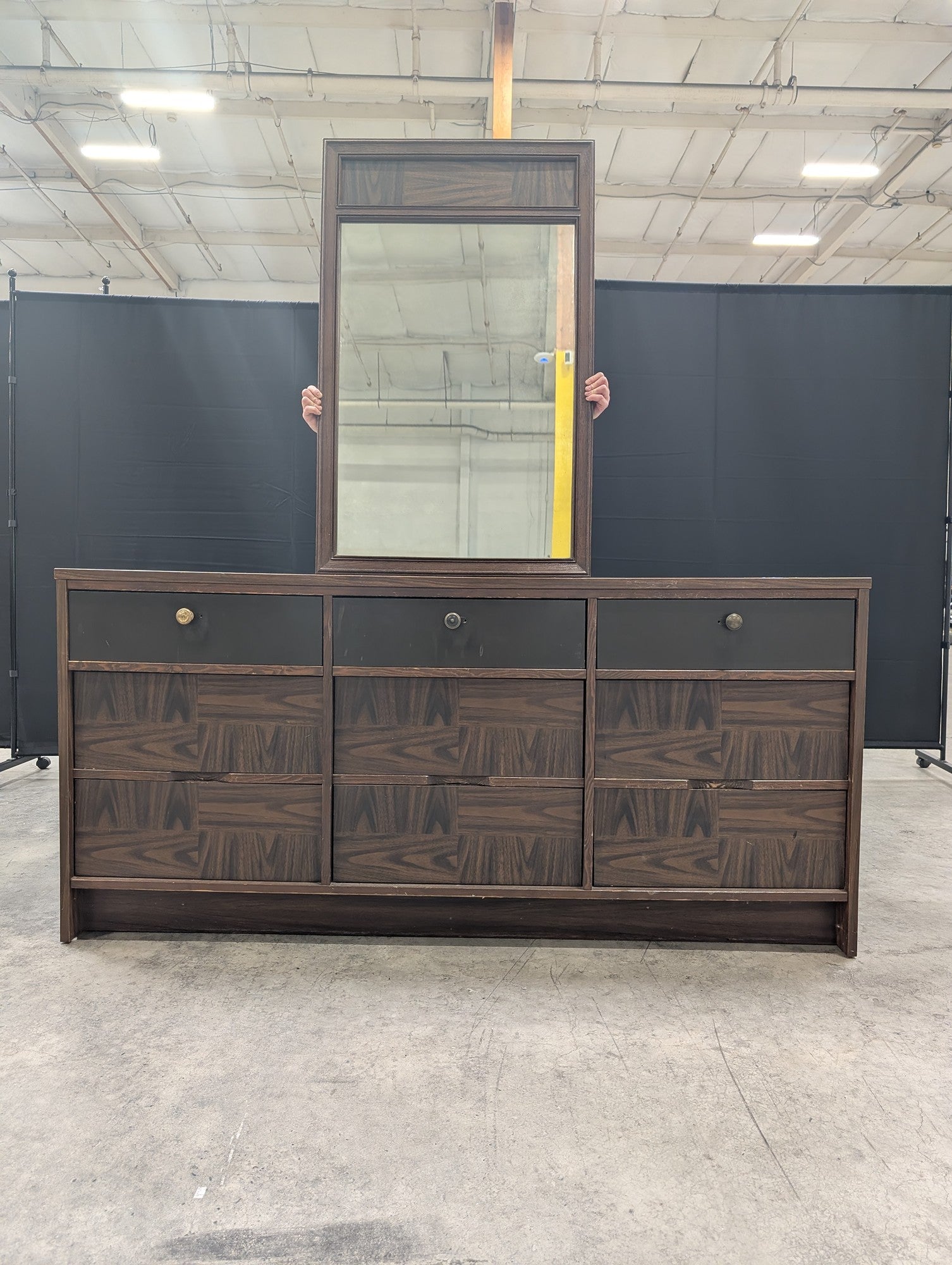 Geometric Pattern Dark Wood Dresser with Mirror