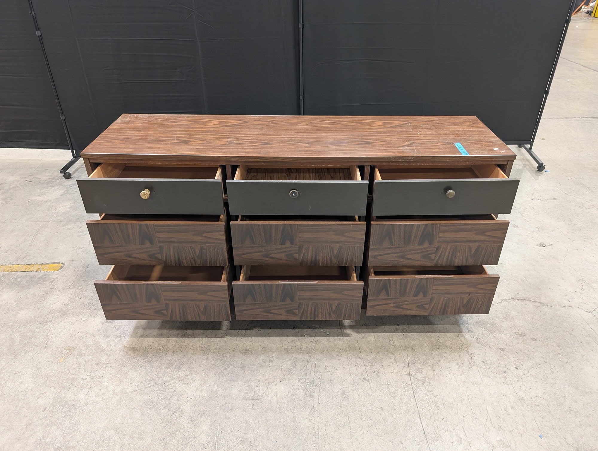 Geometric Pattern Dark Wood Dresser with Mirror
