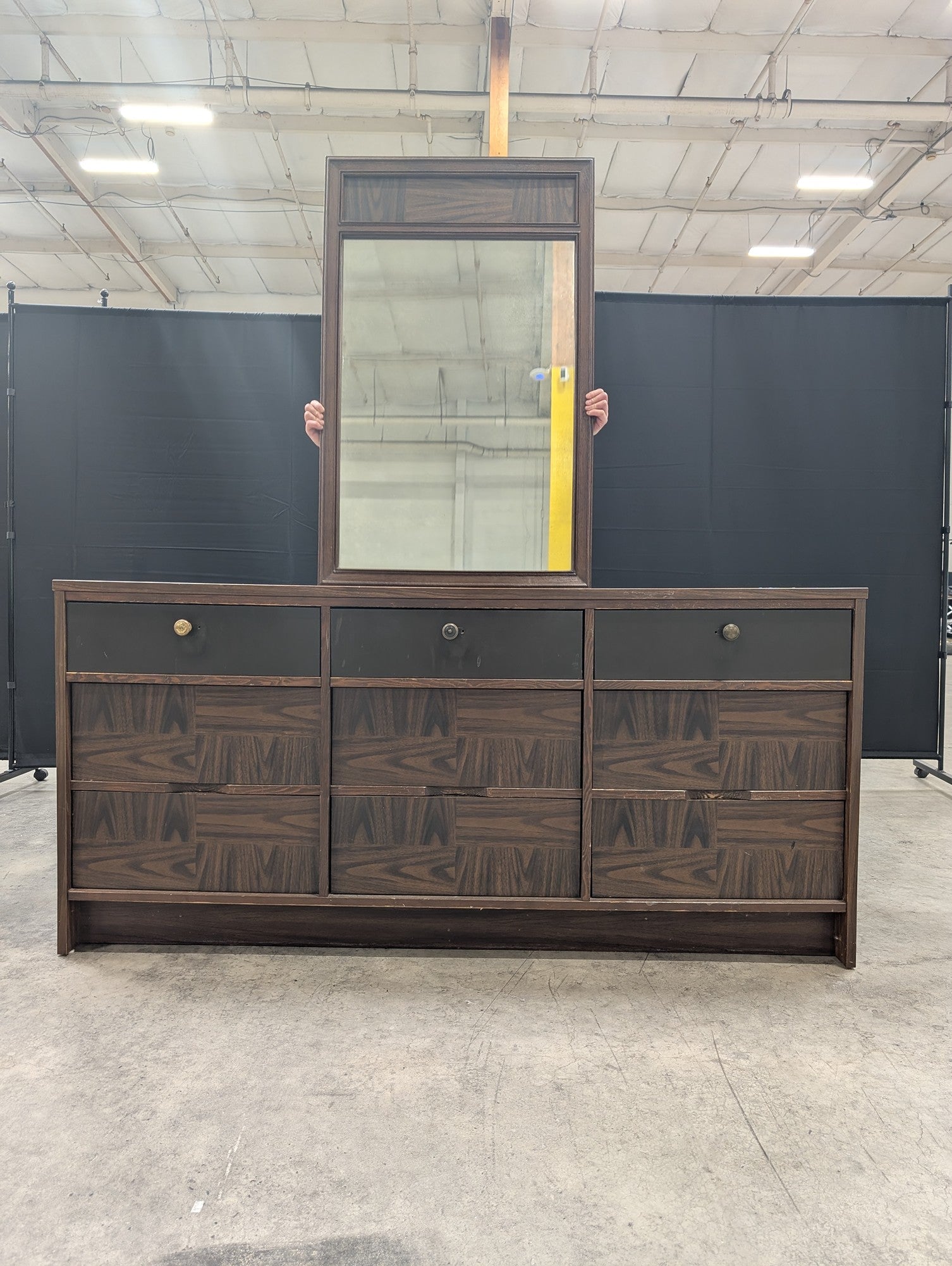 Geometric Pattern Dark Wood Dresser with Mirror
