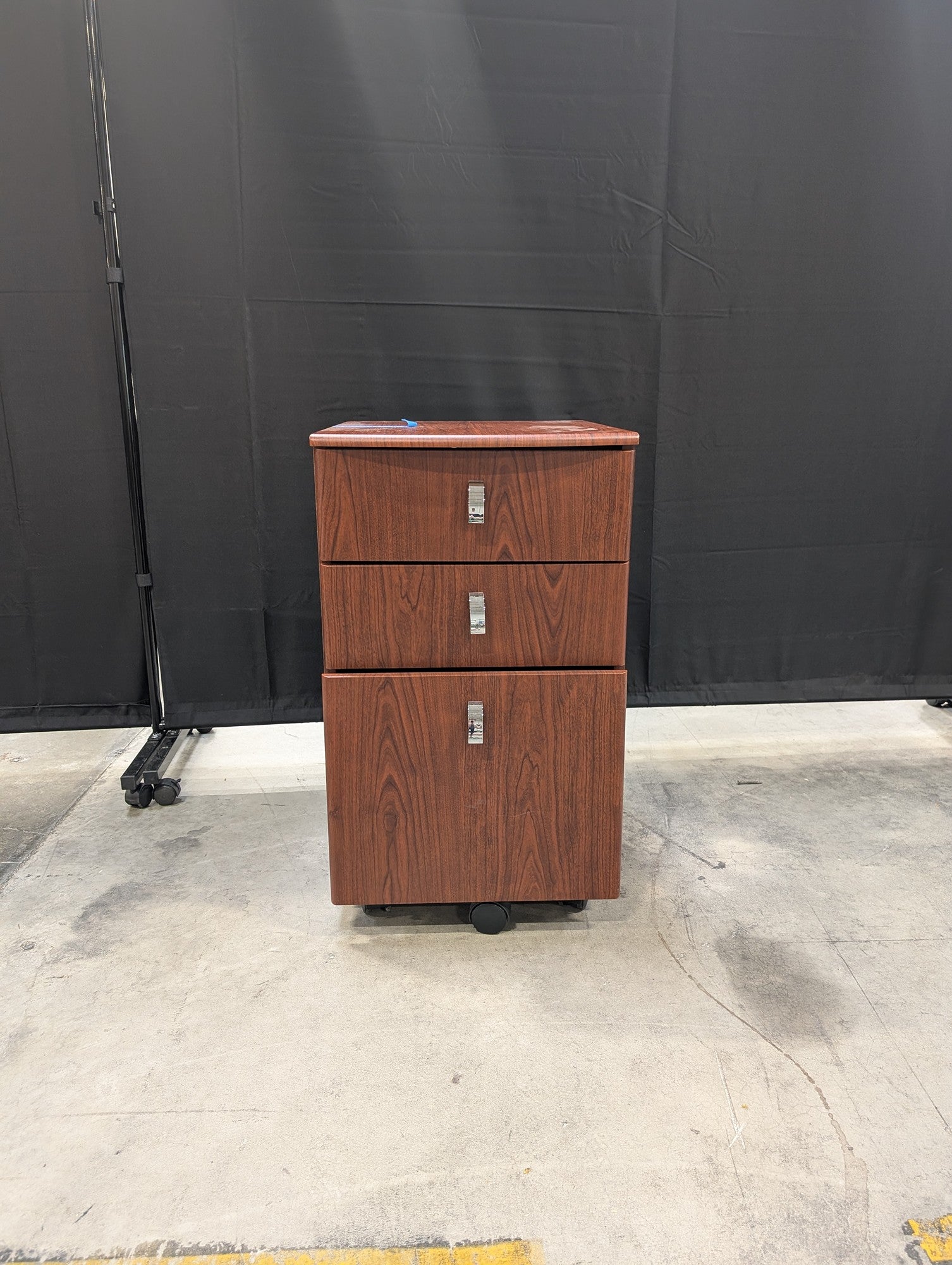 Brown Wood Grain Three-Drawer Filing Cabinet with Casters
