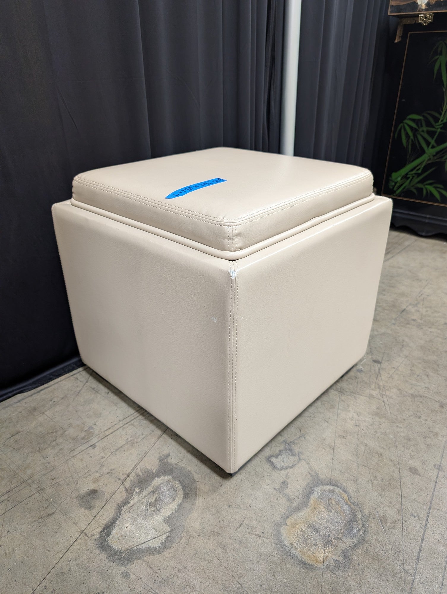 Beige Faux Leather Square Ottoman with Storage Tray