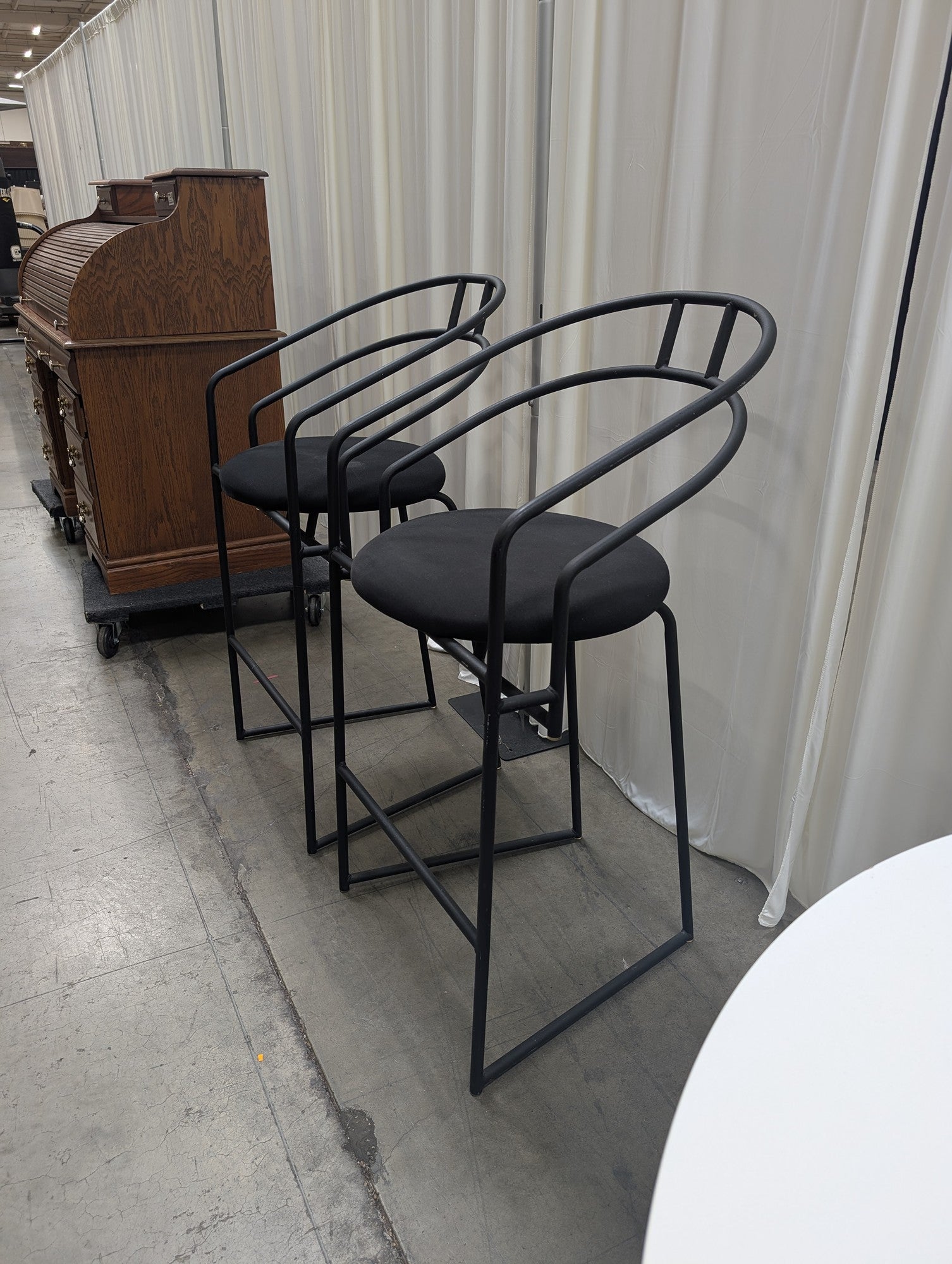 Pair of Modern Black Metal Bar Stools with Round Cushions