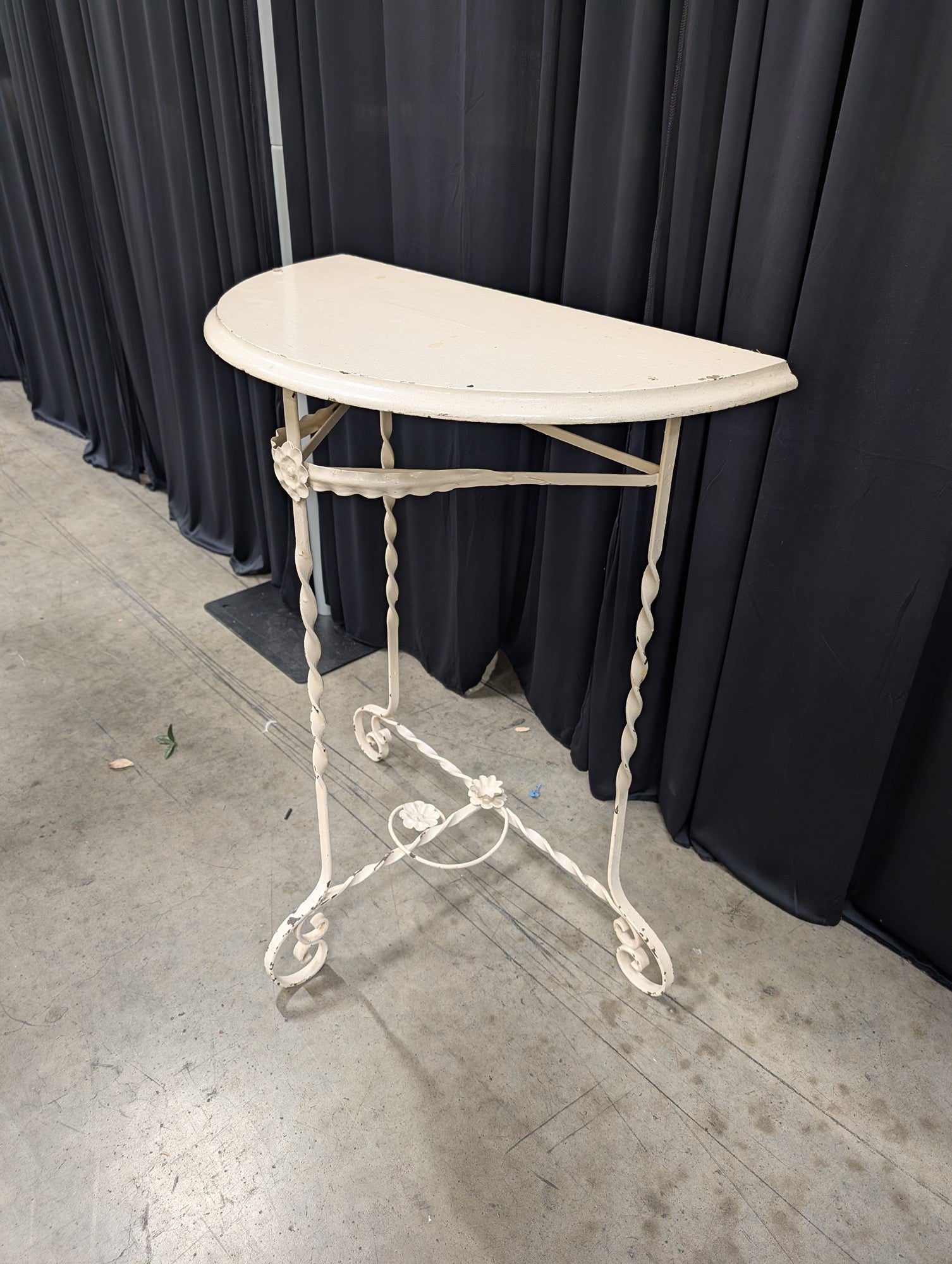 French Provincial Cream Demilune Console Table in Wrought Iron