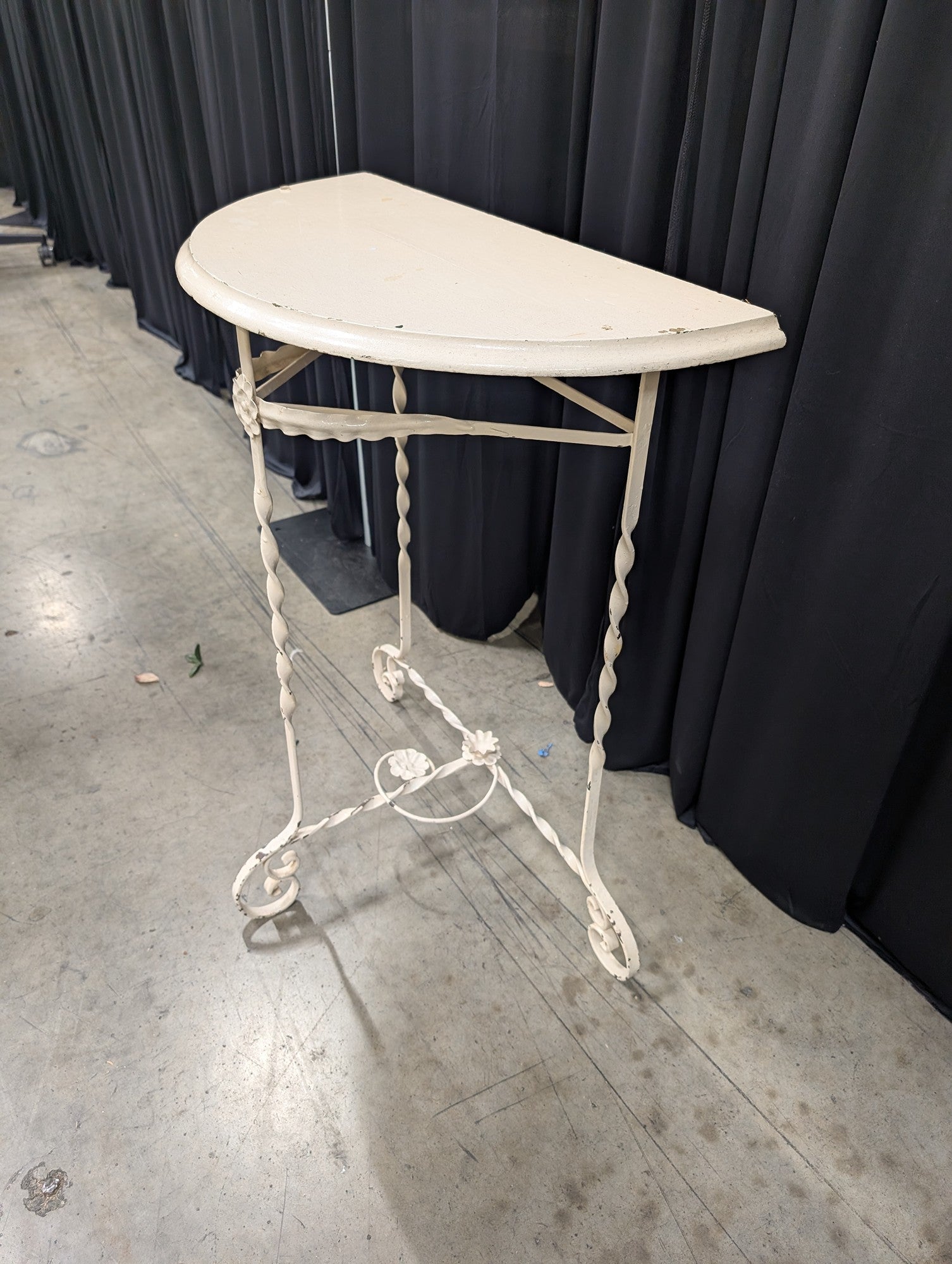 French Provincial Cream Demilune Console Table in Wrought Iron