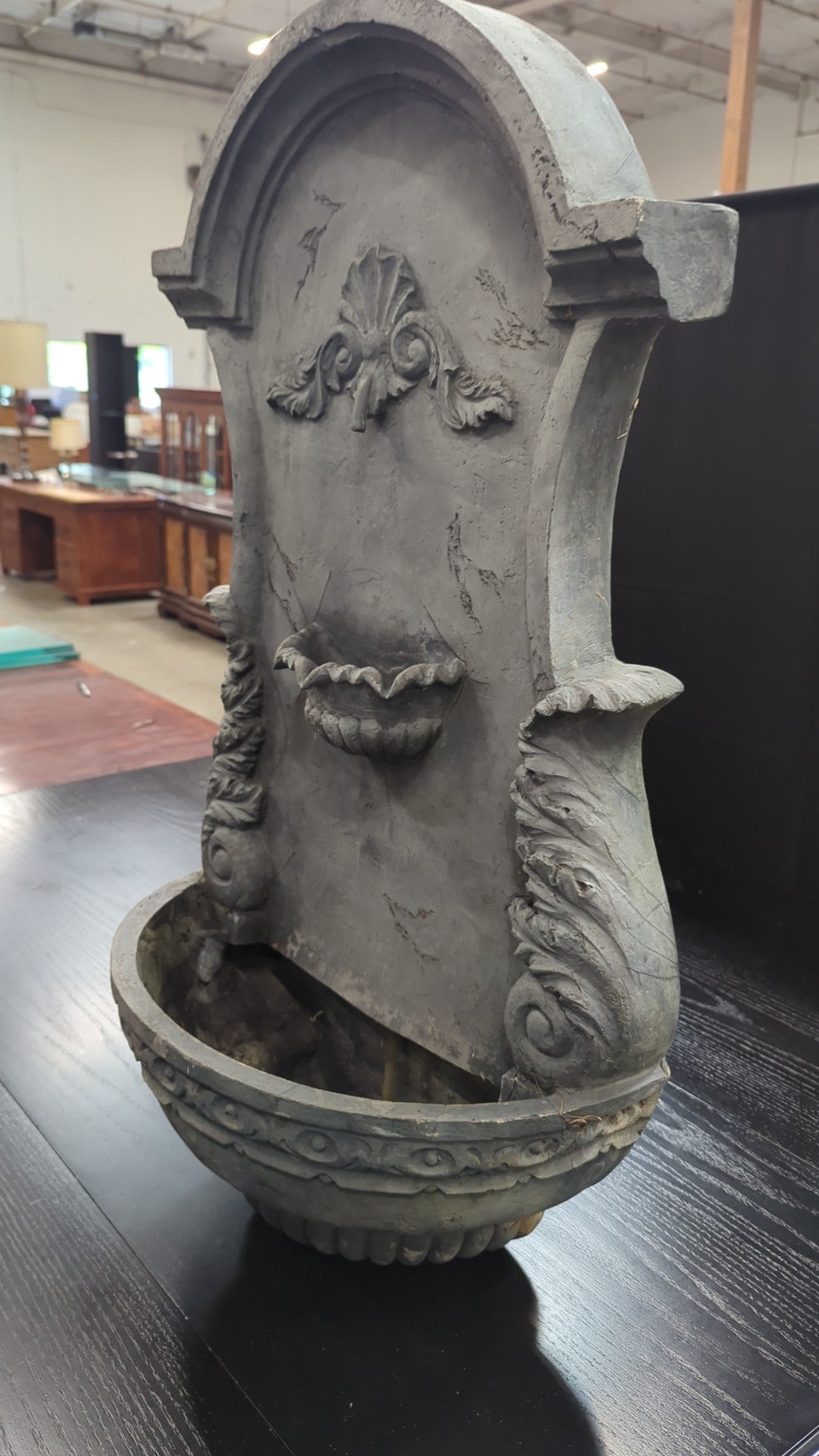 Grey Ornate Wall Water Fountain with Shell Basin