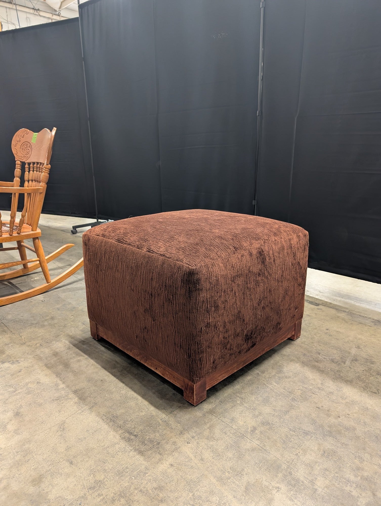 Brown Textured Fabric Square Ottoman