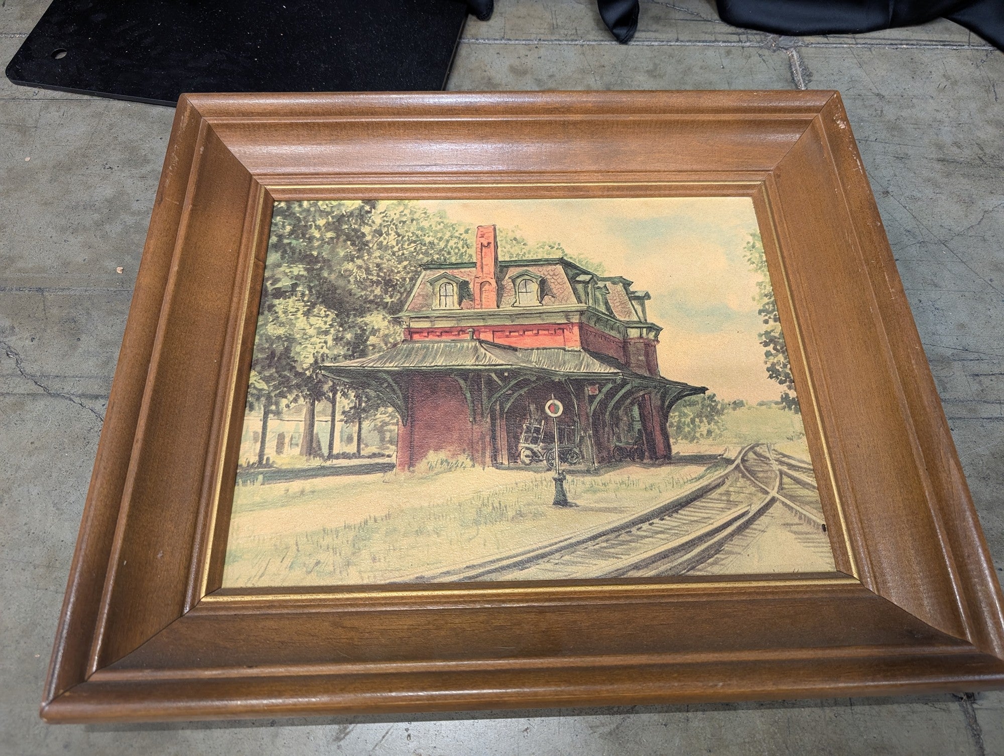 Gene Pelham Railroad Station Painting in Wood Frame